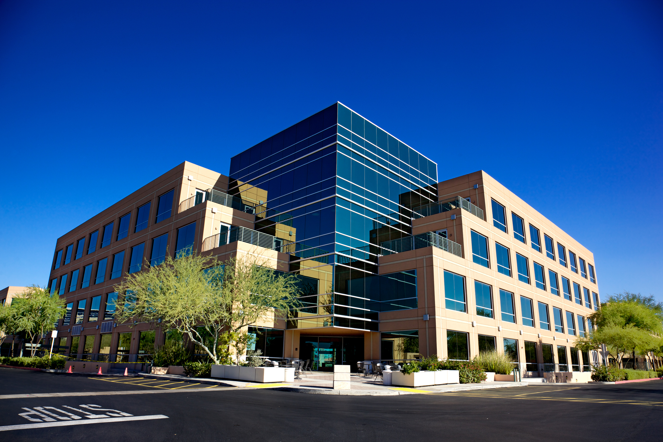 The exterior view of a building complex.