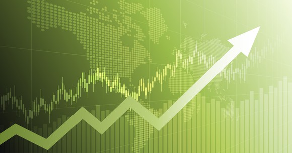 Arrow angles up on a green stock chart.