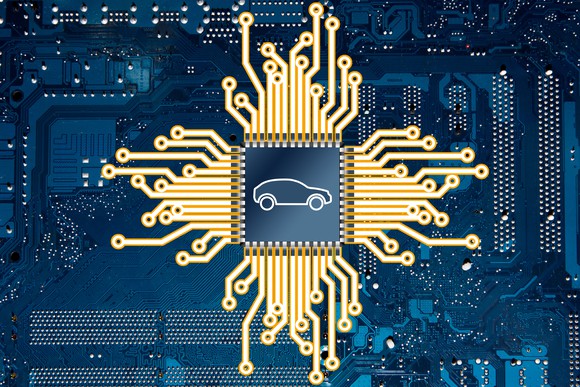 A digital image of a semiconductor network with a car imprinted in the center.