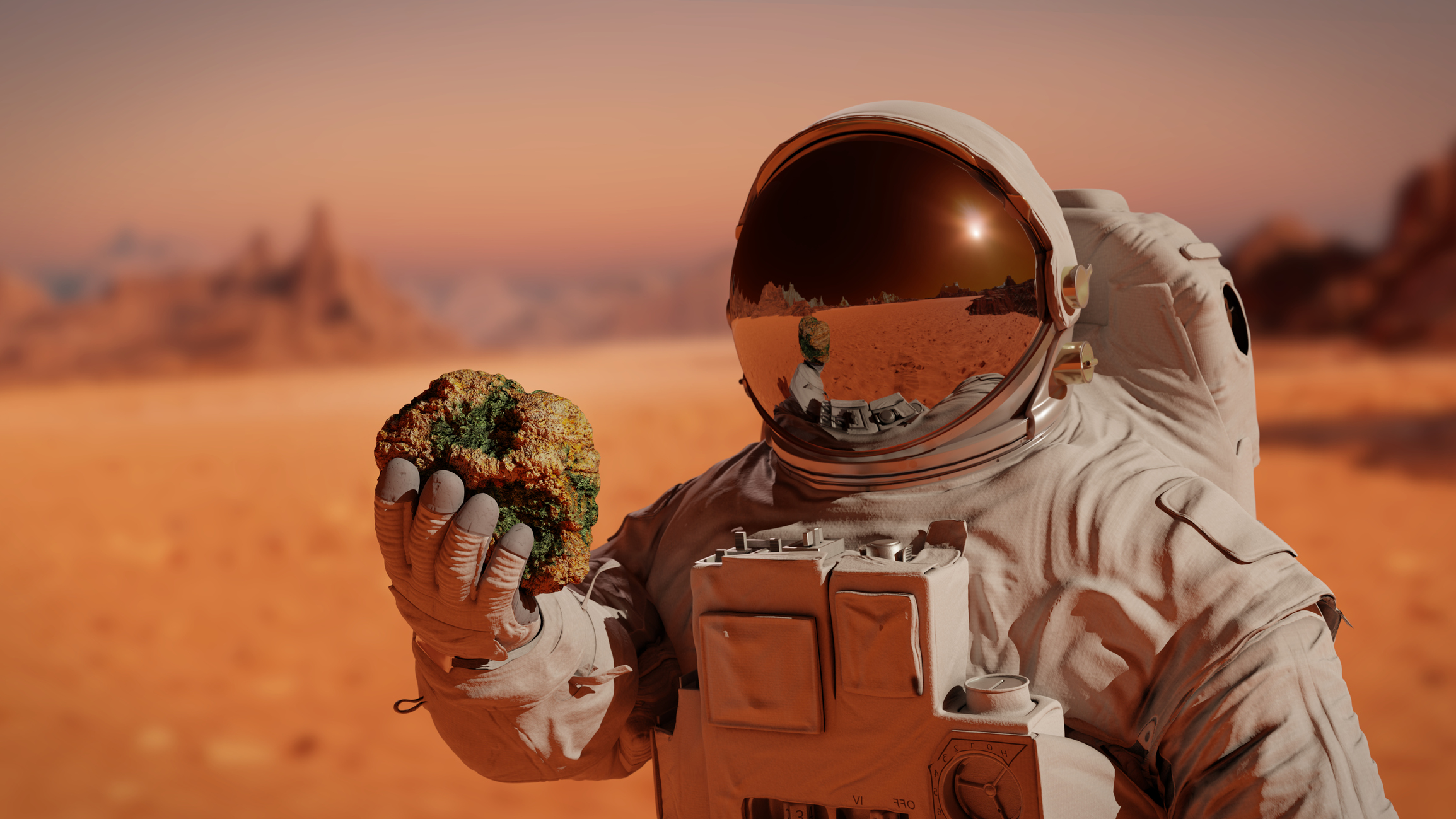 A rendering of an astronaut holding a rock while on the surface of Mars.