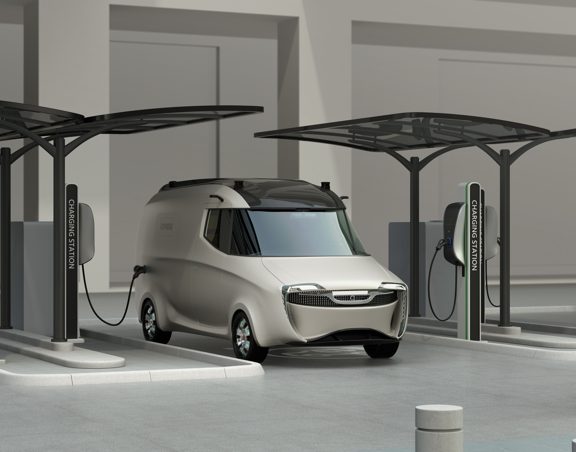 White electric delivery van being charged.
