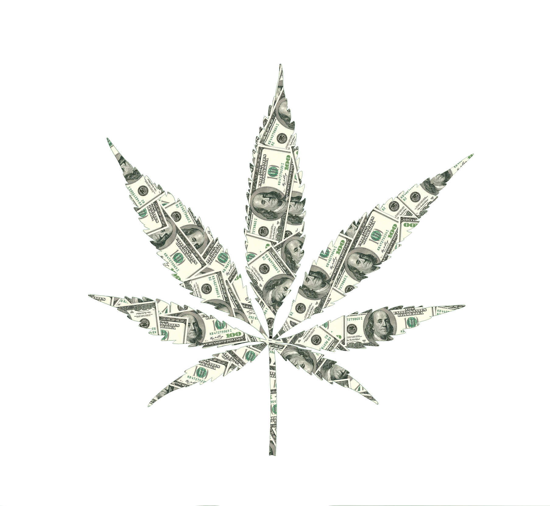 Marijuana leaf formed from $100 bills.