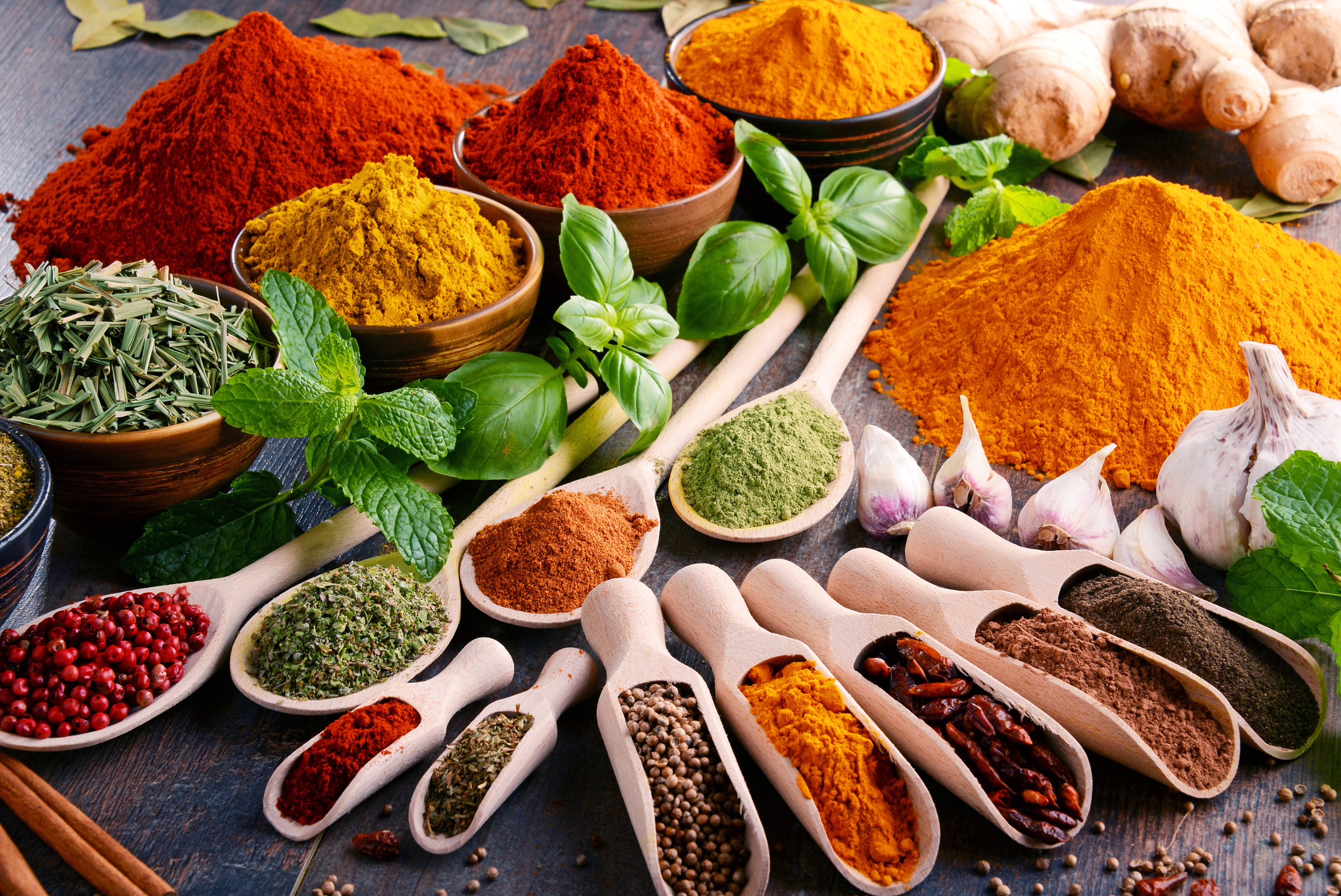 A variety of brightly colored spices on display.