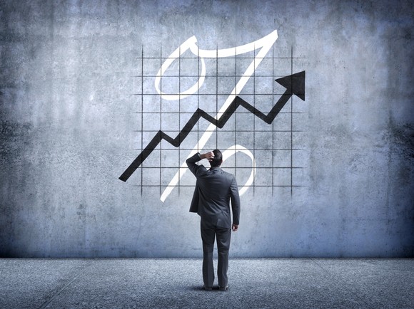 A person looking at a chart line moving up and a percentage sign.