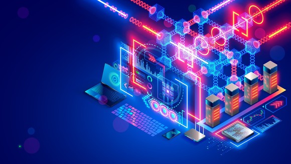 An artist rendering of the interconnected crypto industry as represented by computers and graphics cards interconnected in a system with bright beams of red, pink, blue, and purple beams of light.