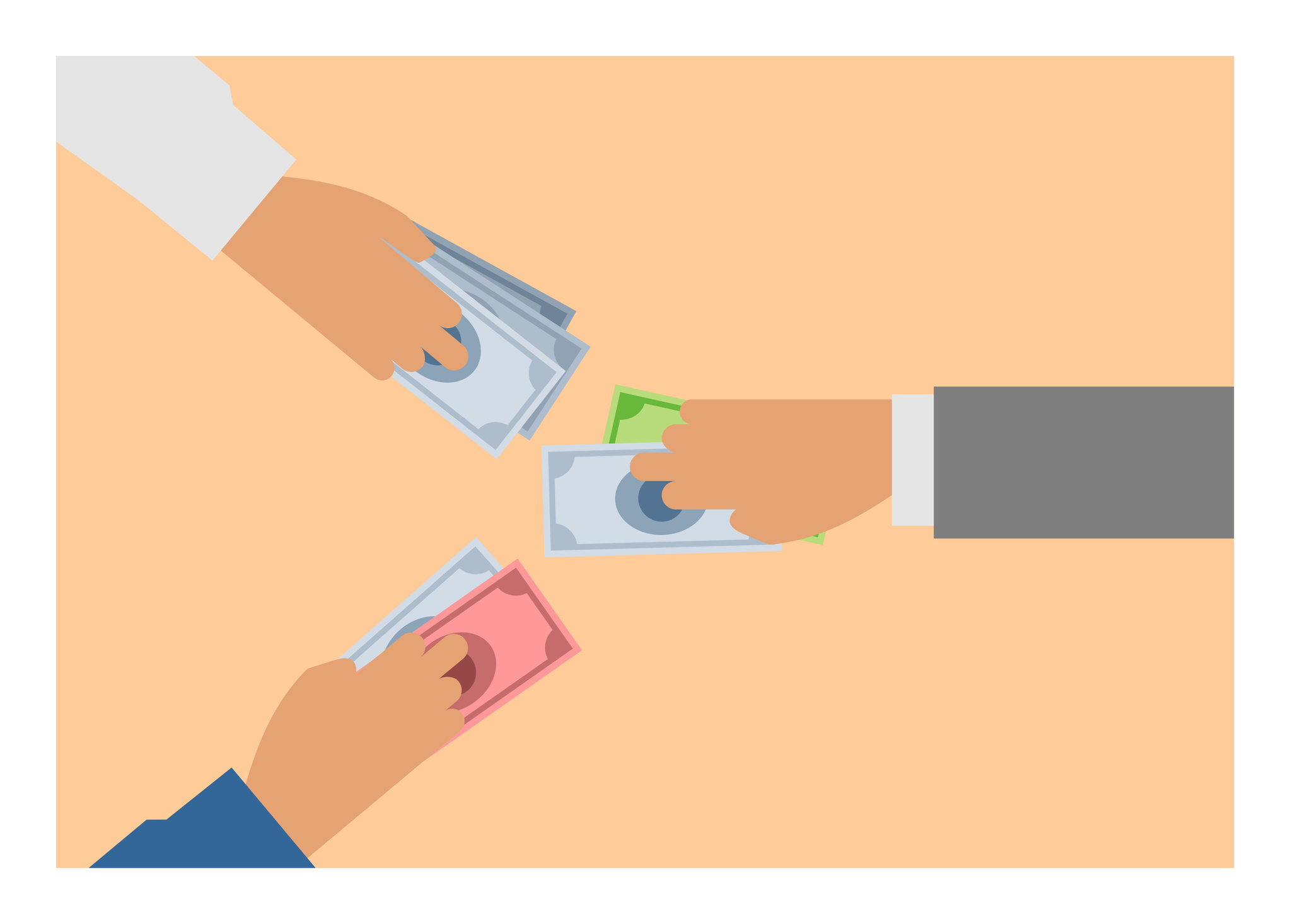 Three different hands holding cash.