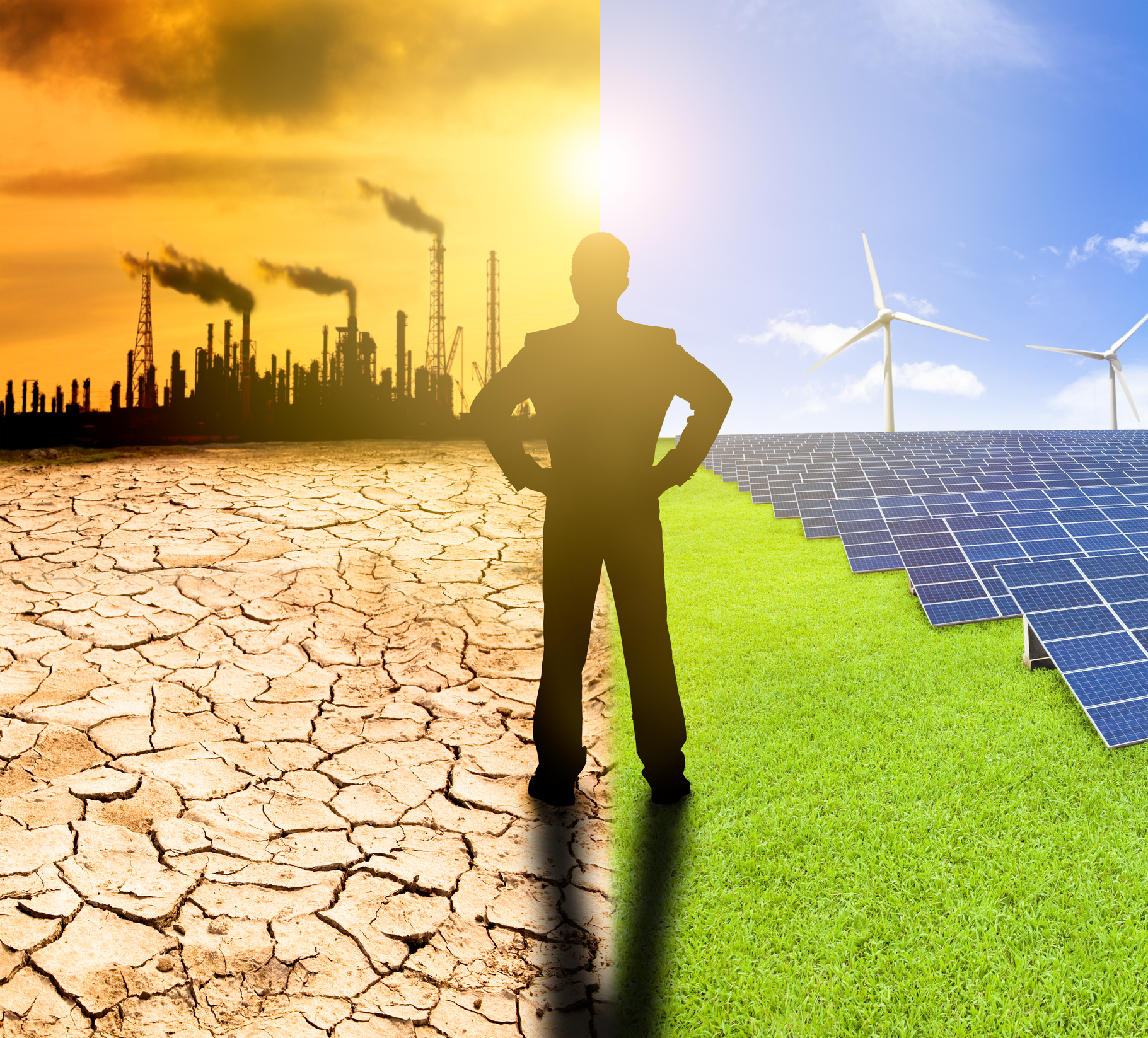 Silhouette of a man standing with his left leg on the cracked earth representing fossil fuels and his right leg on lush grass representing renewable energy.