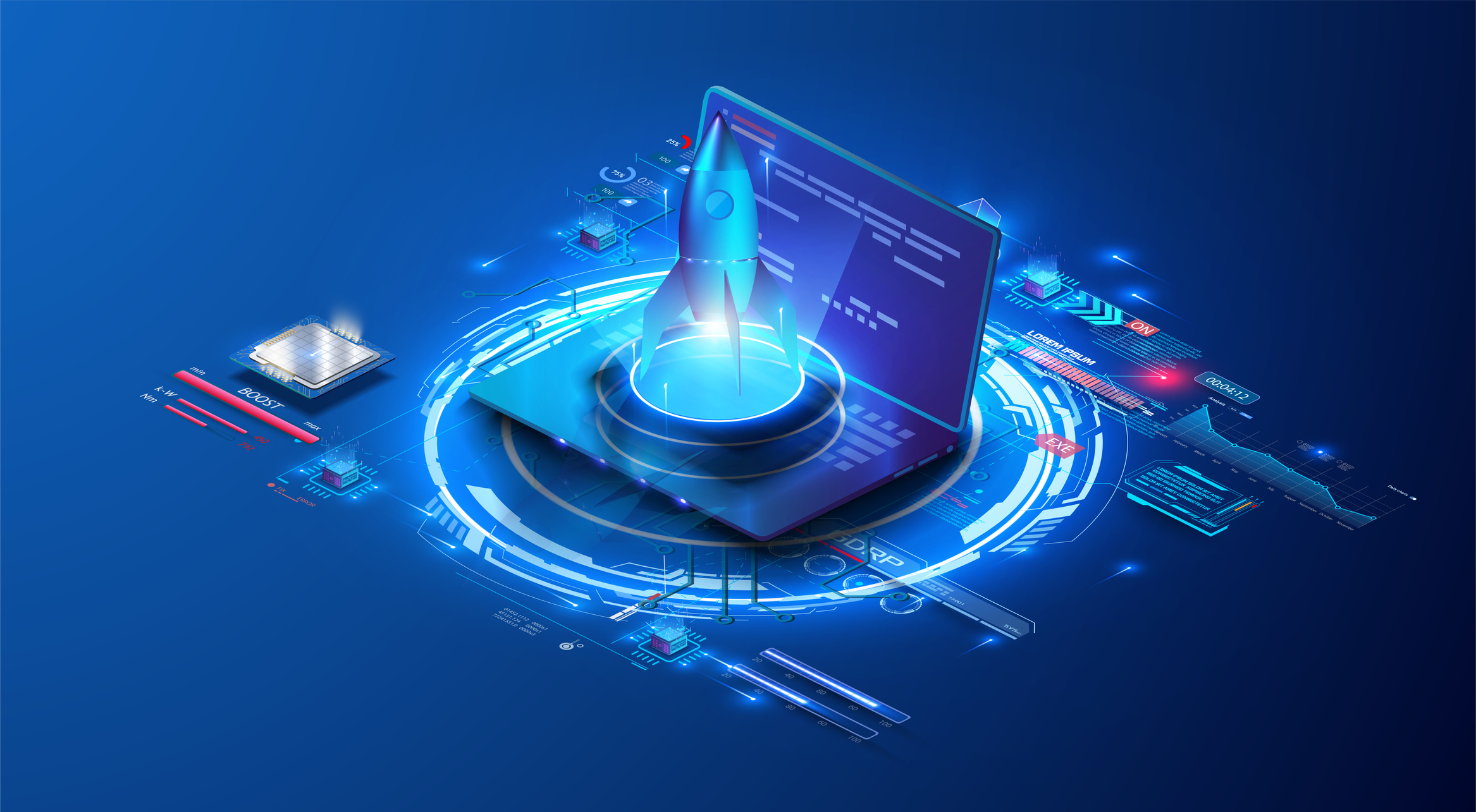 A rocket ship blasting off from a laptop atop a computer chip.