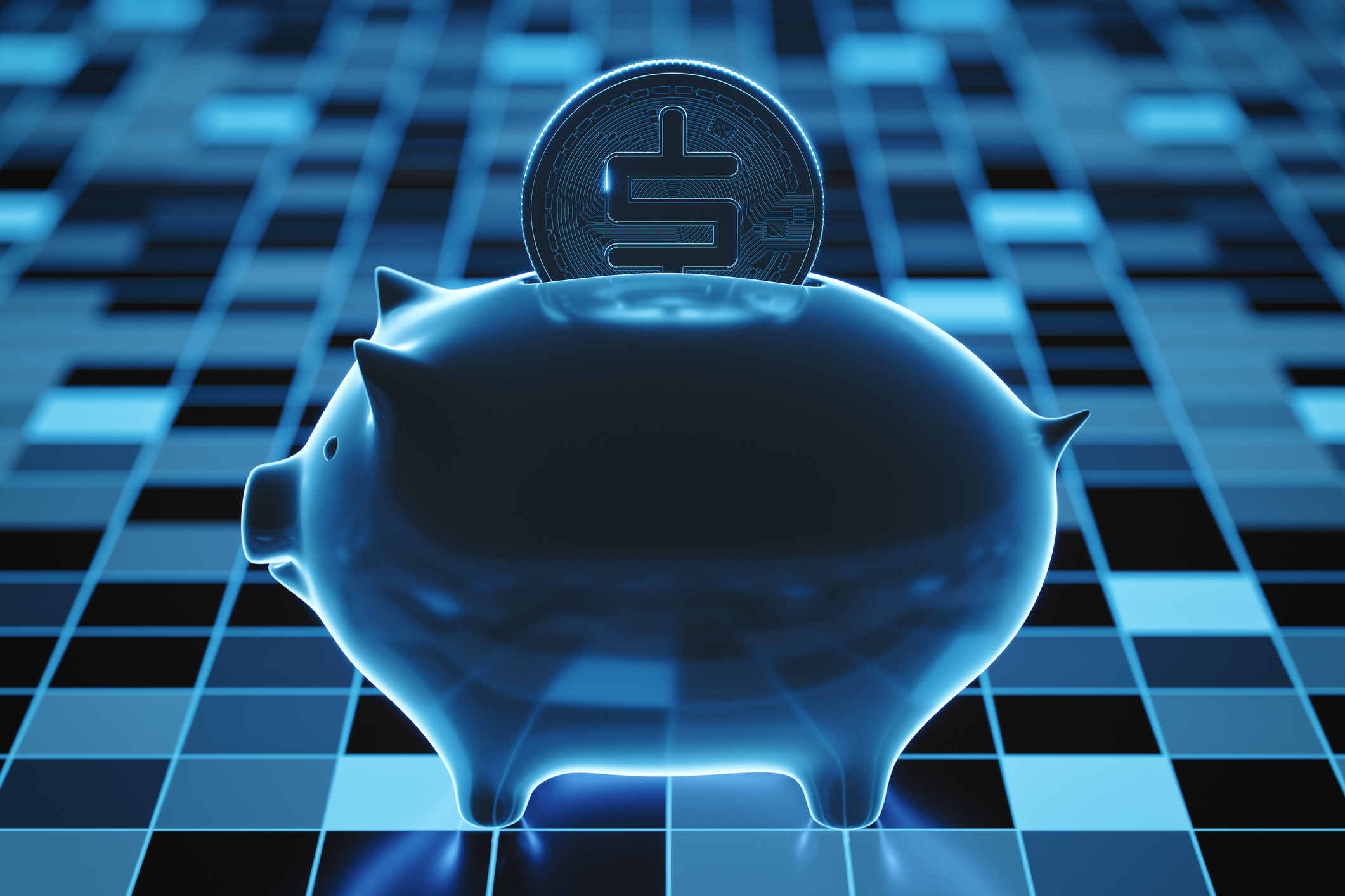 Digital coin being inserted into a blue piggy bank