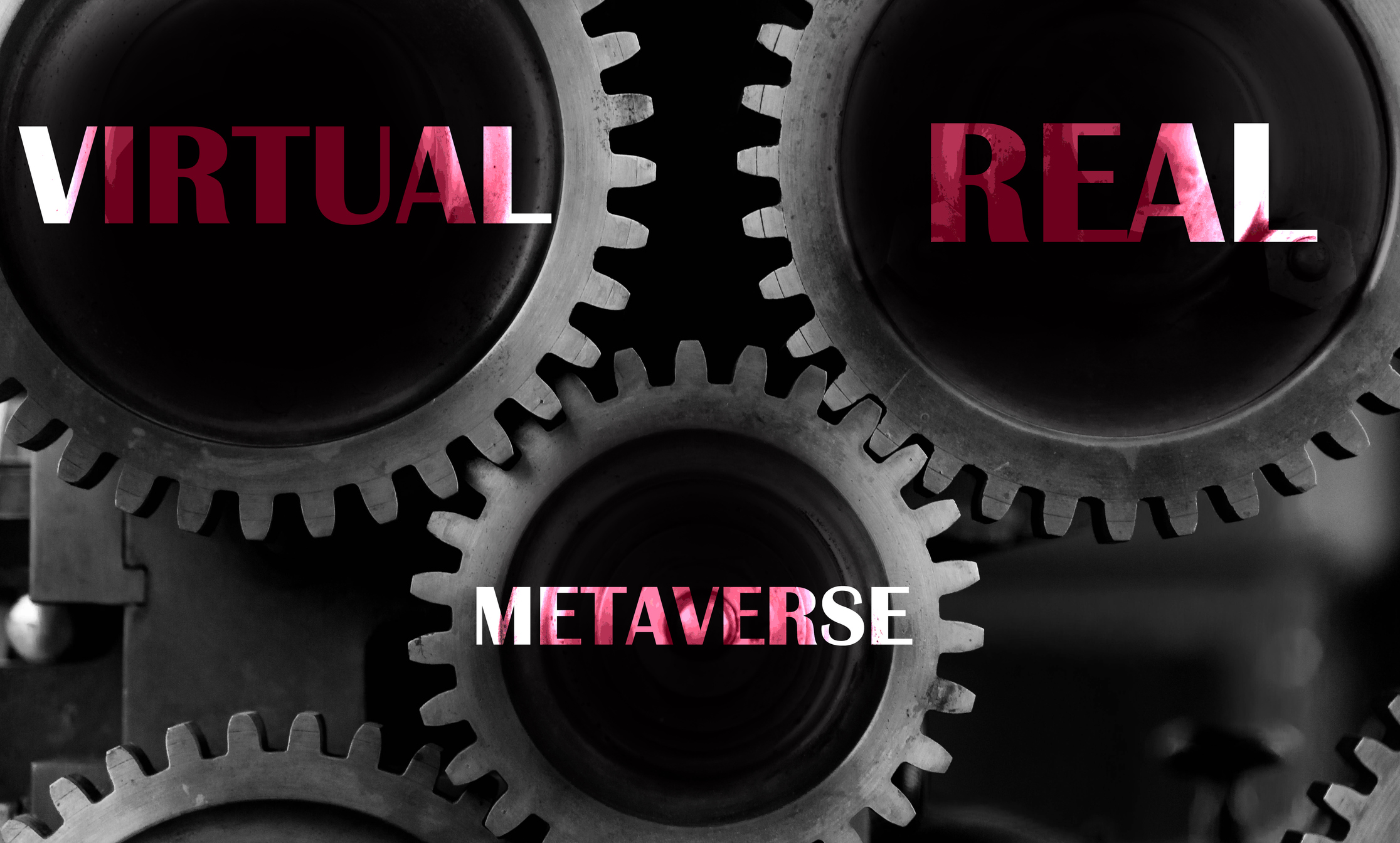 Interlocking gears marked with the words Virtual, Real, and Metaverse.