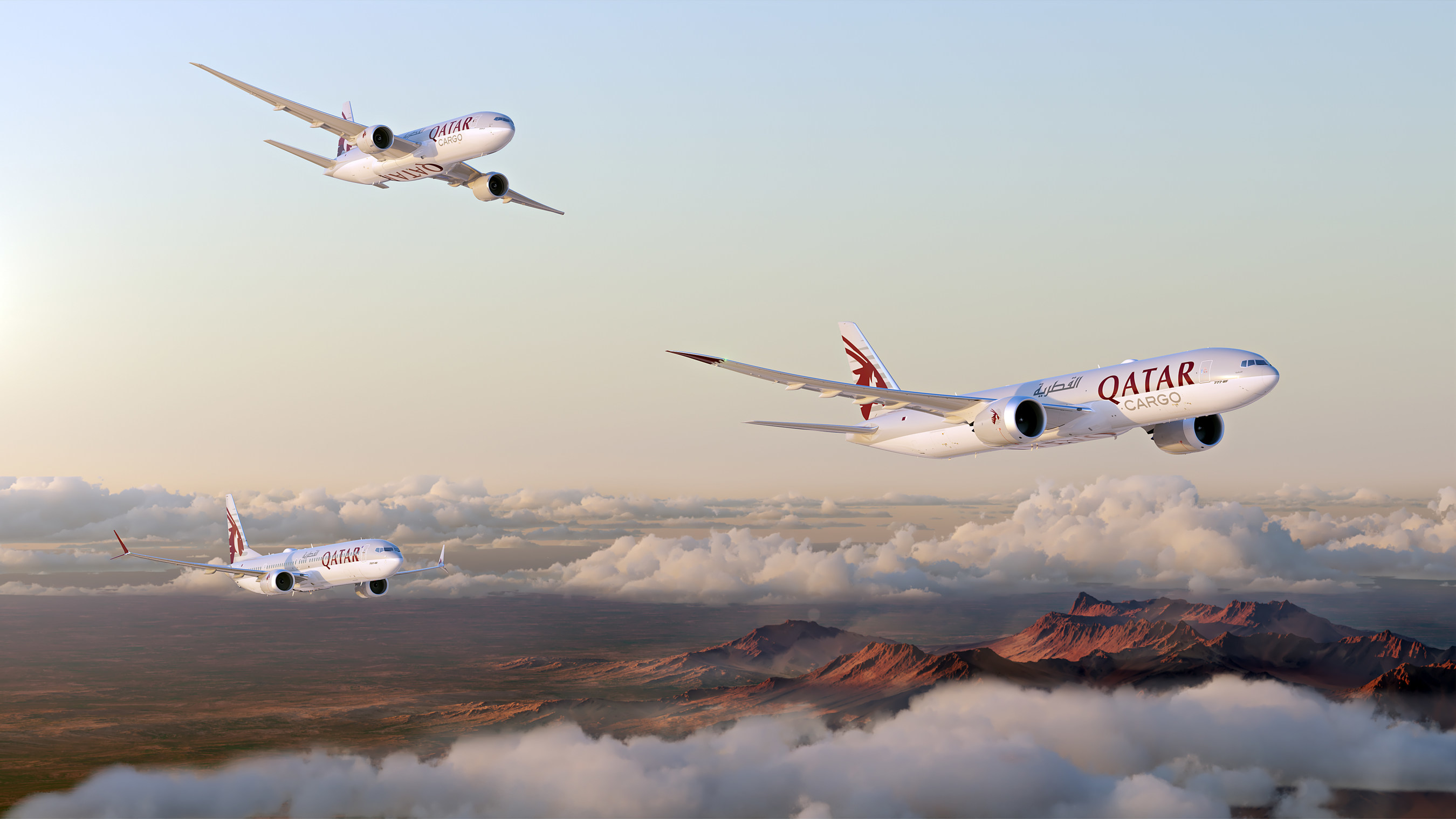 A rendering of the 737 MAX 10, 777F, and 777-8 freighter flying in Qatar Airways' livery.