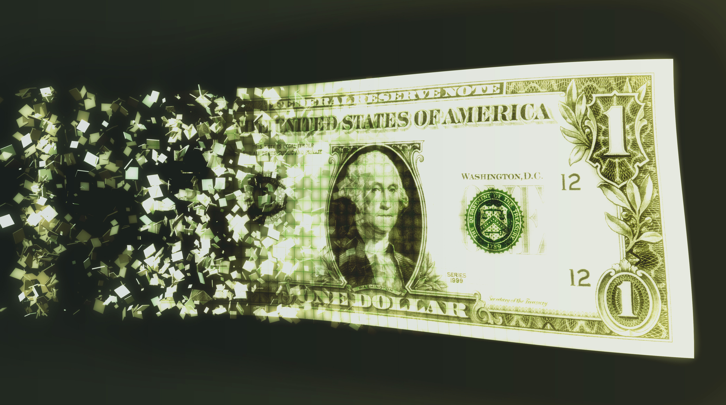 Digital U.S. dollar dissolving.
