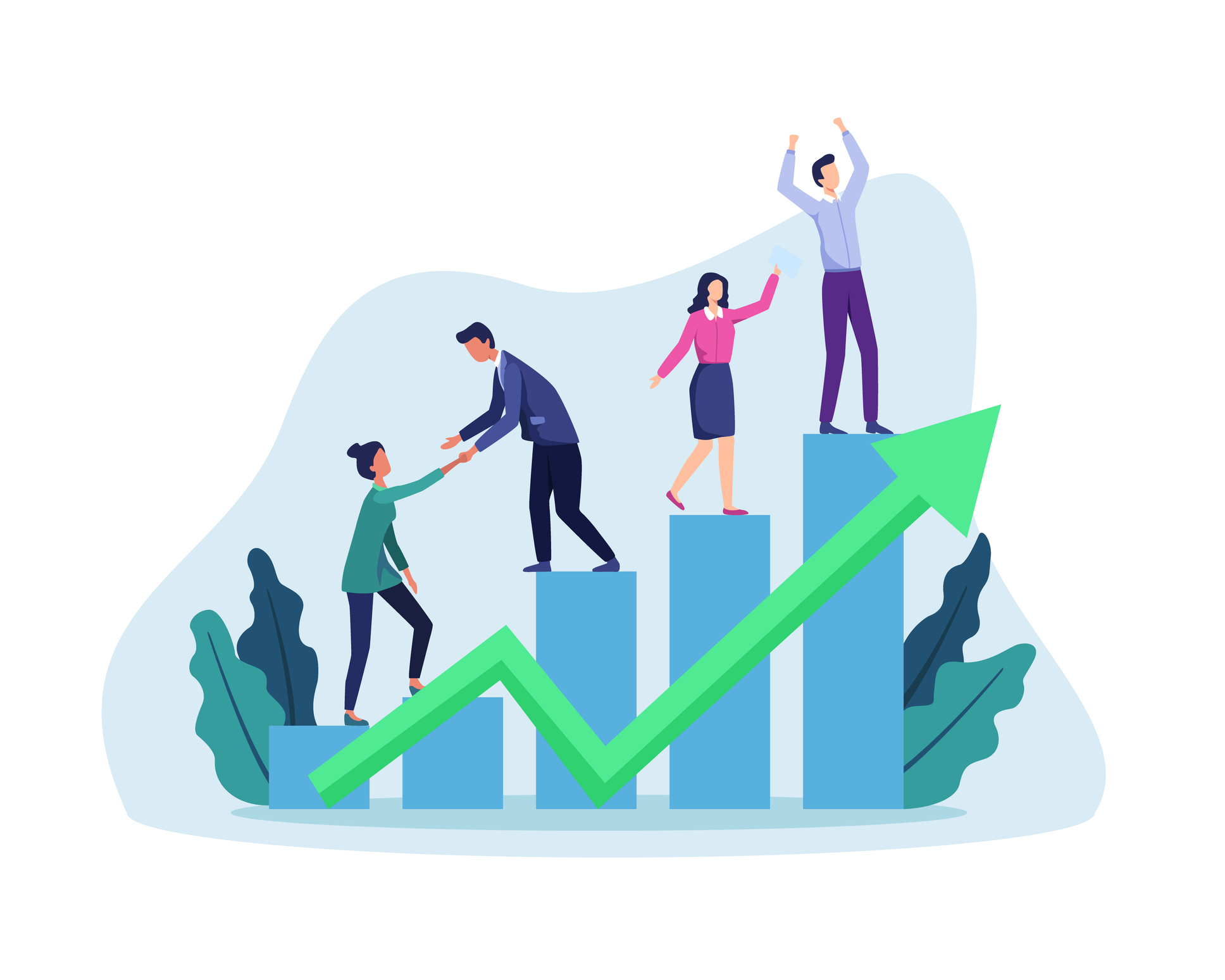 Bar and line graph heading upward with people on top of digital graph.