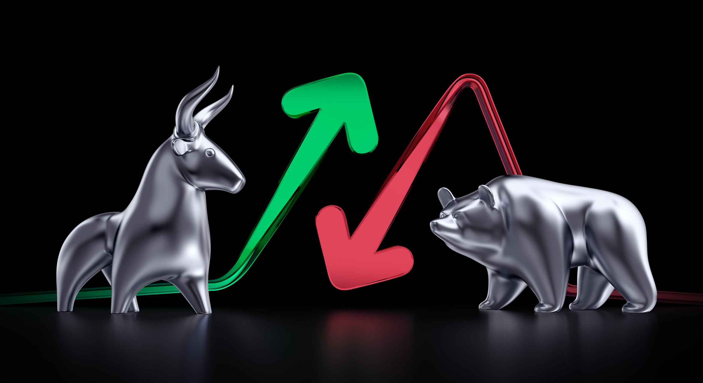 Metallic bull squared off with a metallic bear, behind which a green arrow points up while a red arrow points down.