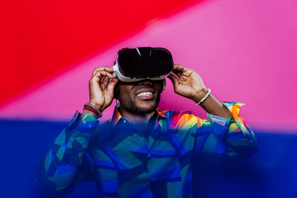 A person wearing a virtual reality headset.