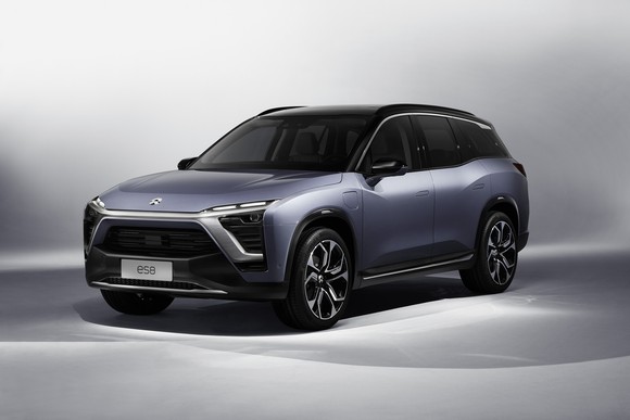 A Nio ES8 SUV in a showroom. 