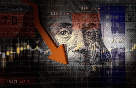 An arrow moving down in front of a hundred-dollar bill.