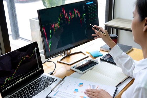 A person monitoring price charts on two computer screens.