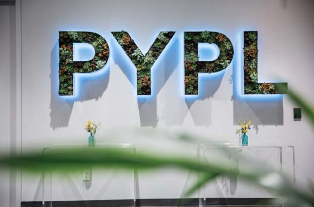 PayPal logo at a corporate office.