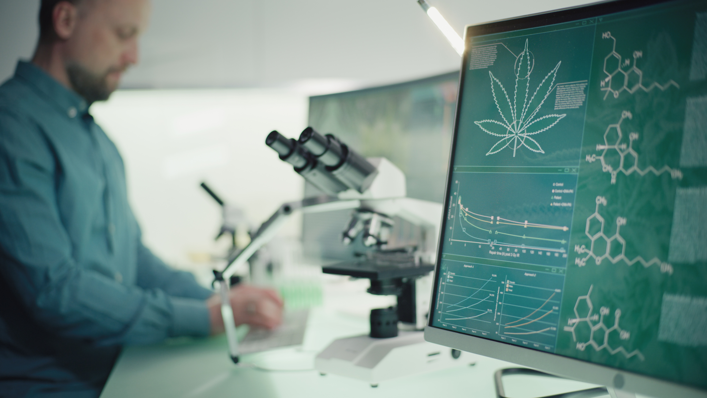 A scientist standing in front of a microscope with a monitor showing a cannabis leaf and chemical structures.