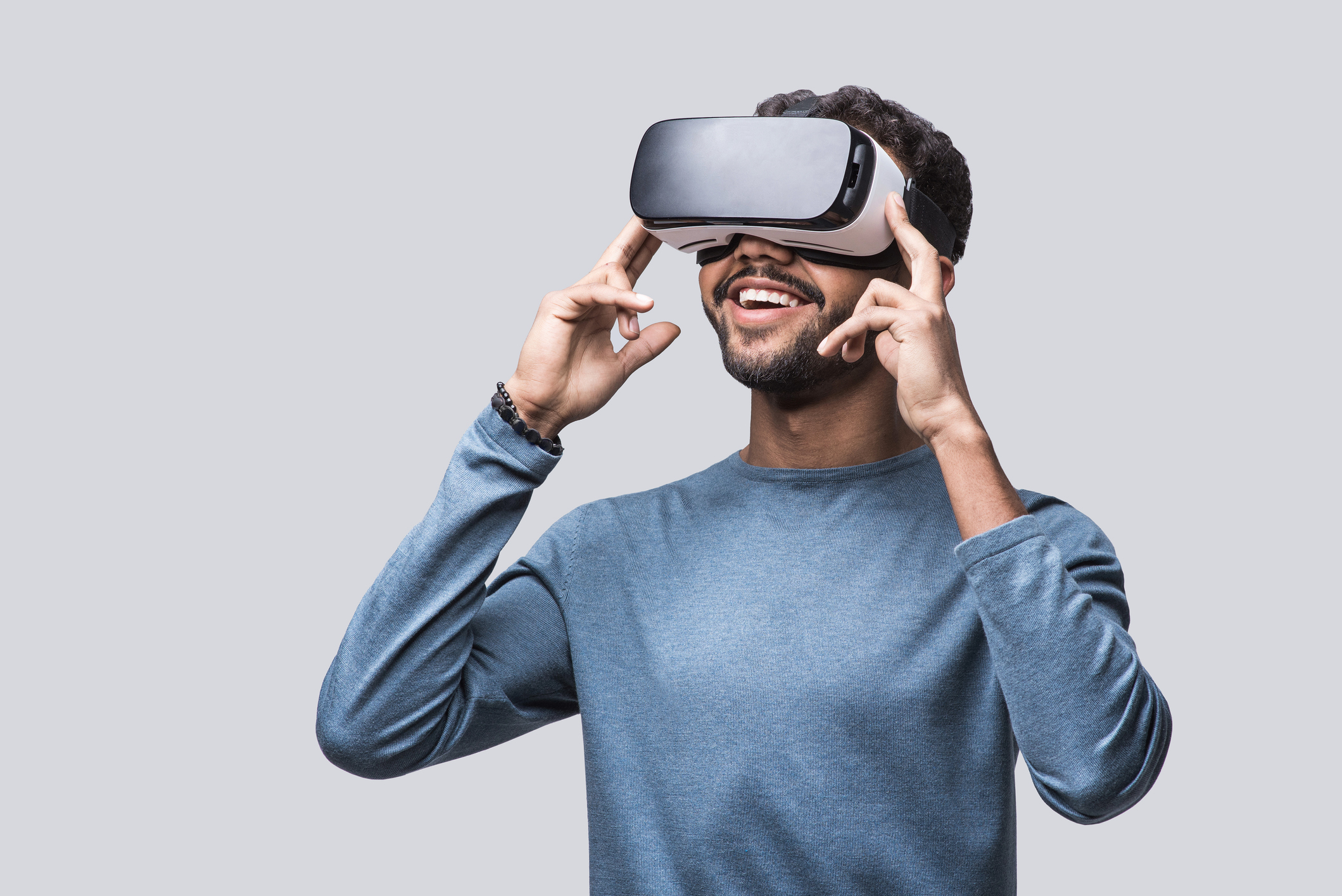 A person wearing a virtual reality headset.