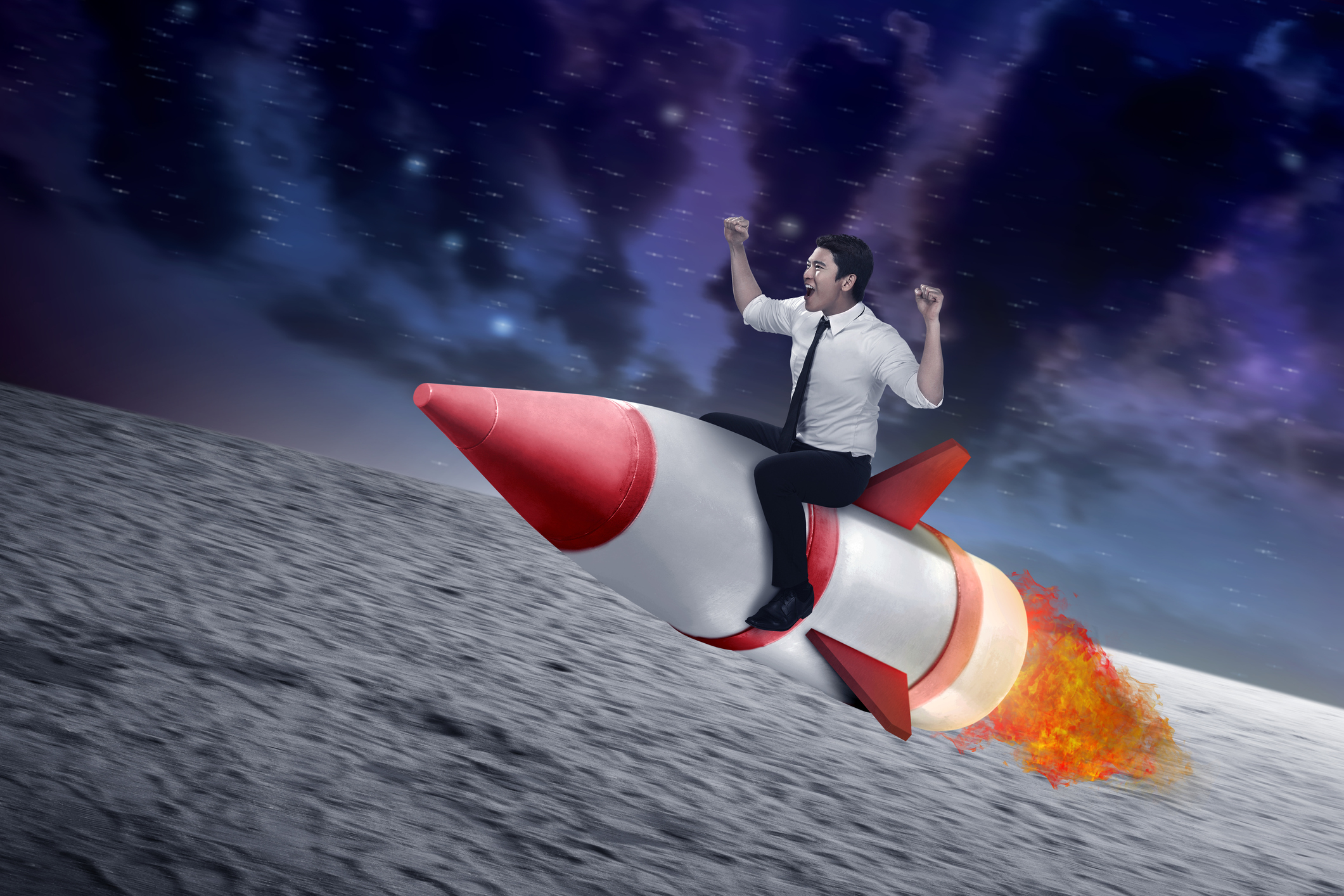 Guy in a shirt and tie rides a rocket past the moon.
