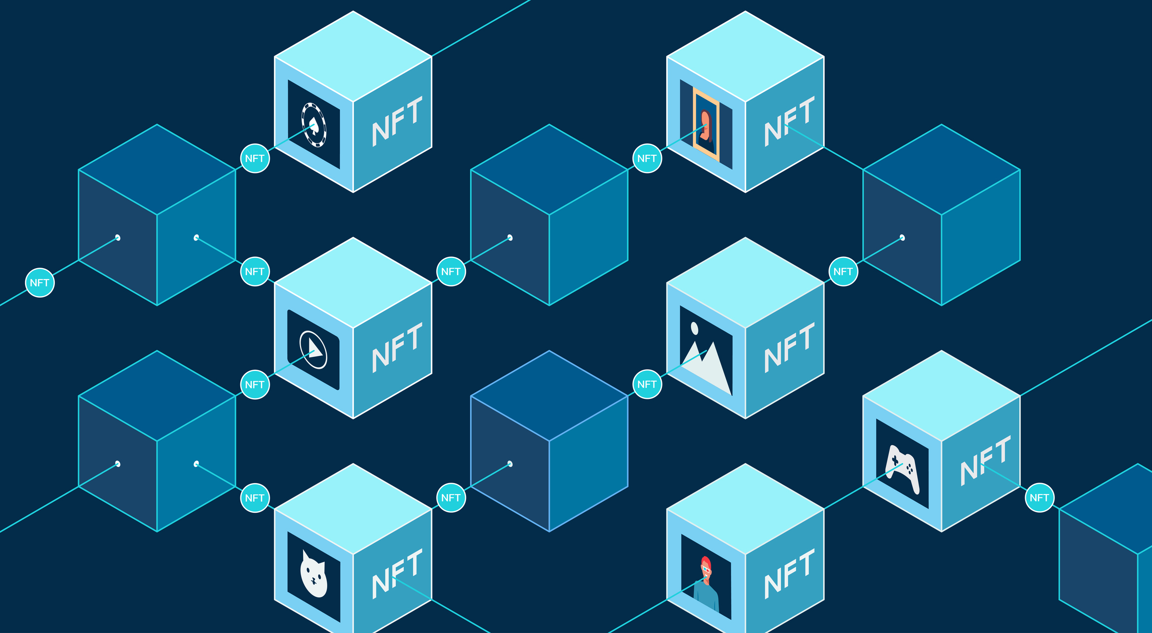 NFT blocks connected by digital nodes. 