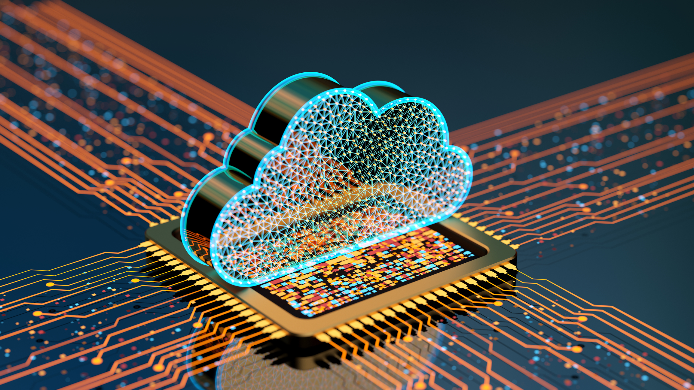 A digital cloud icon on top of a computer chip.