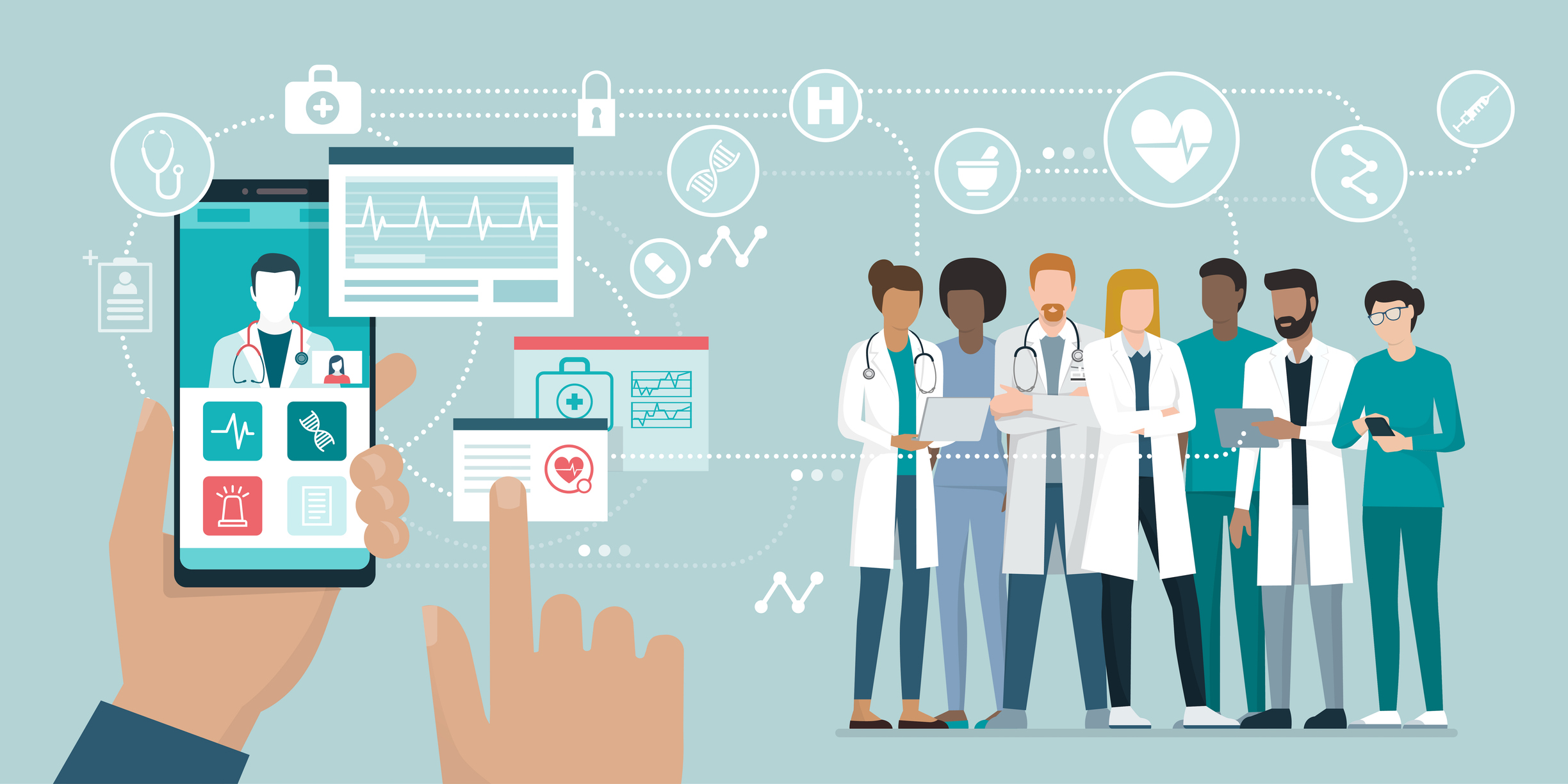 A group of doctors standing and someone showing a mobile healthcare app.