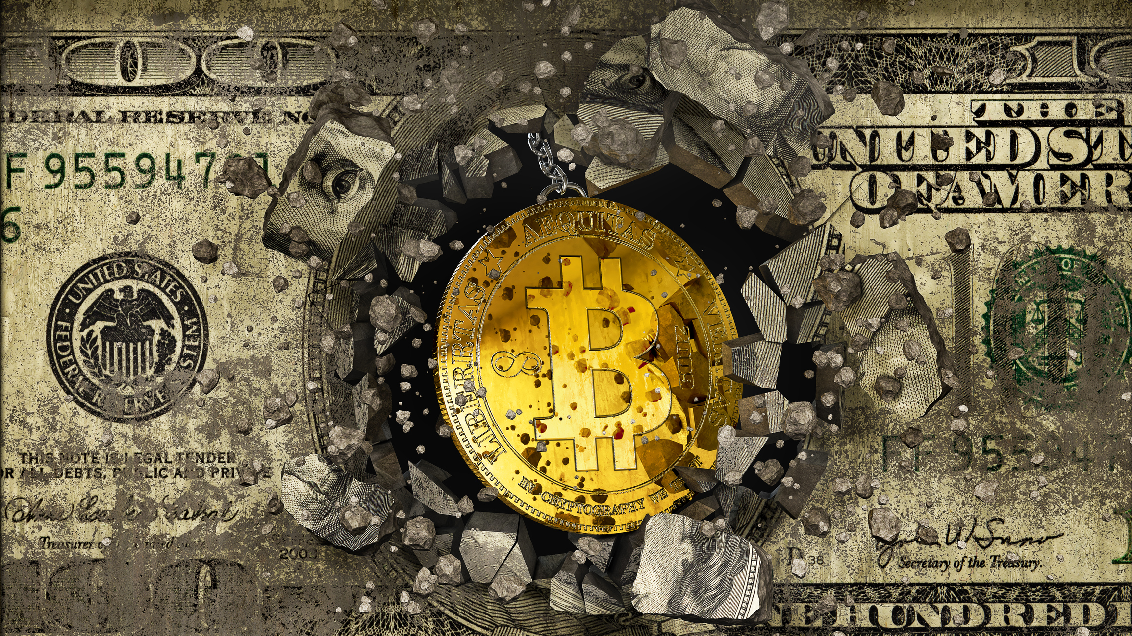Bitcoin breaking through a $100 dollar bill