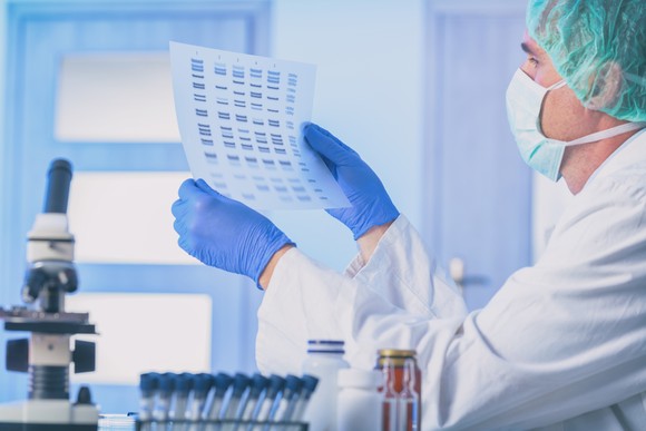 A researcher reading the printout of a genome sequence.
