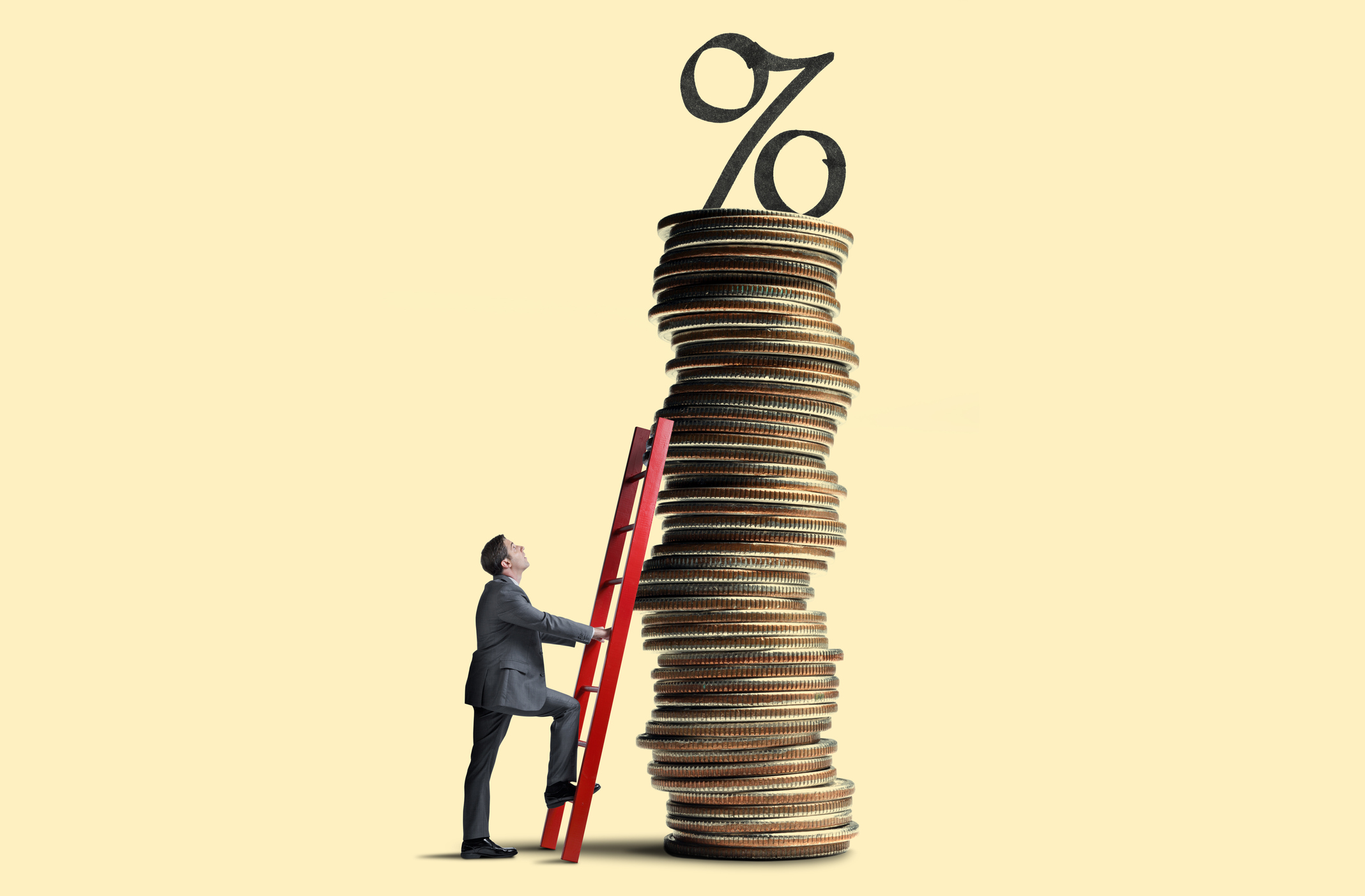 A percentage sign on a stack of coins and a person with a ladder.