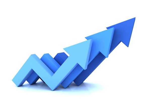 Three blue, rising line charts with arrows.