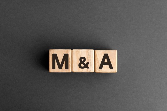 Wooden blocks that spell out M&A. 