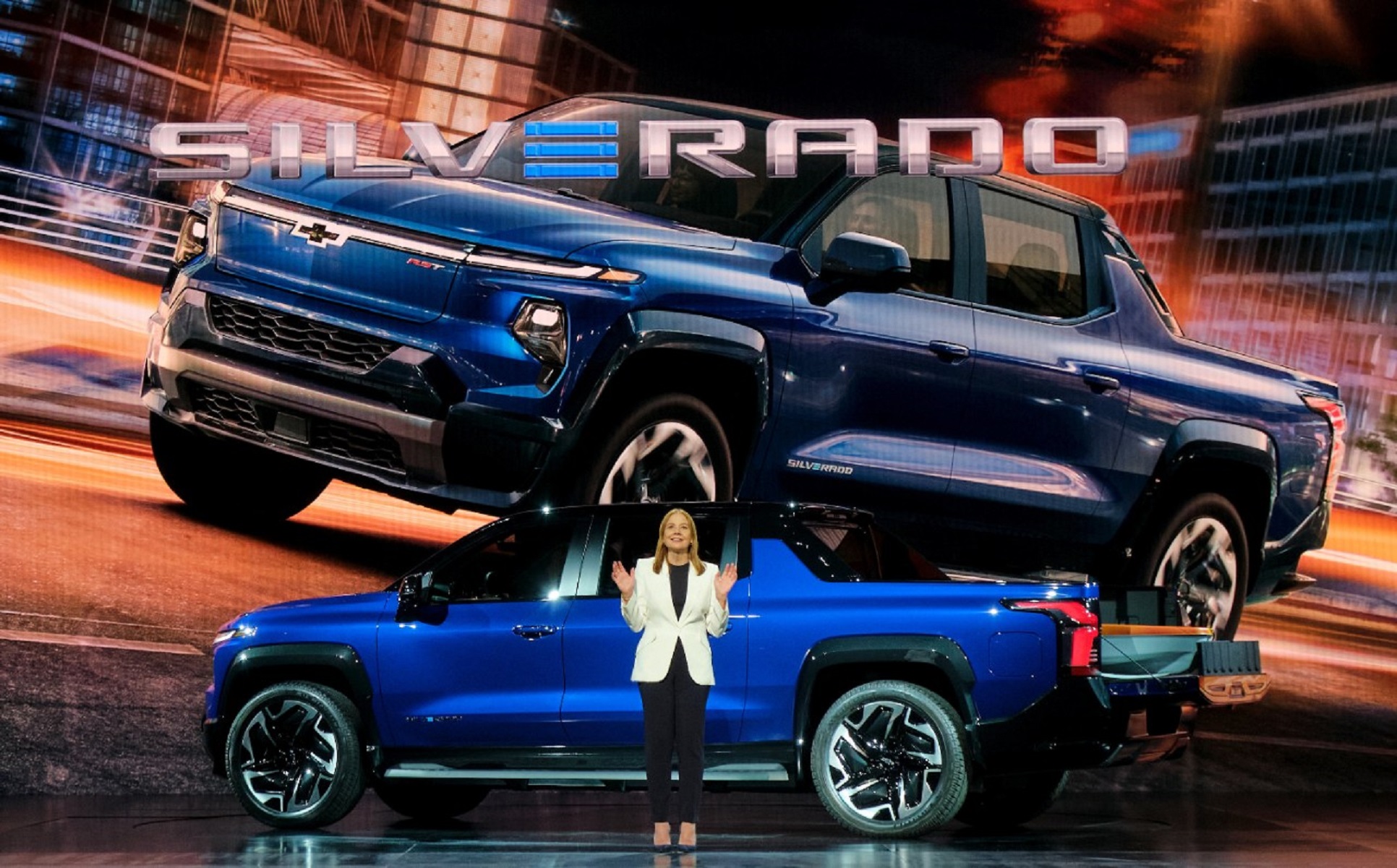Mary Barra introducing the Chevy Silverado EV. 