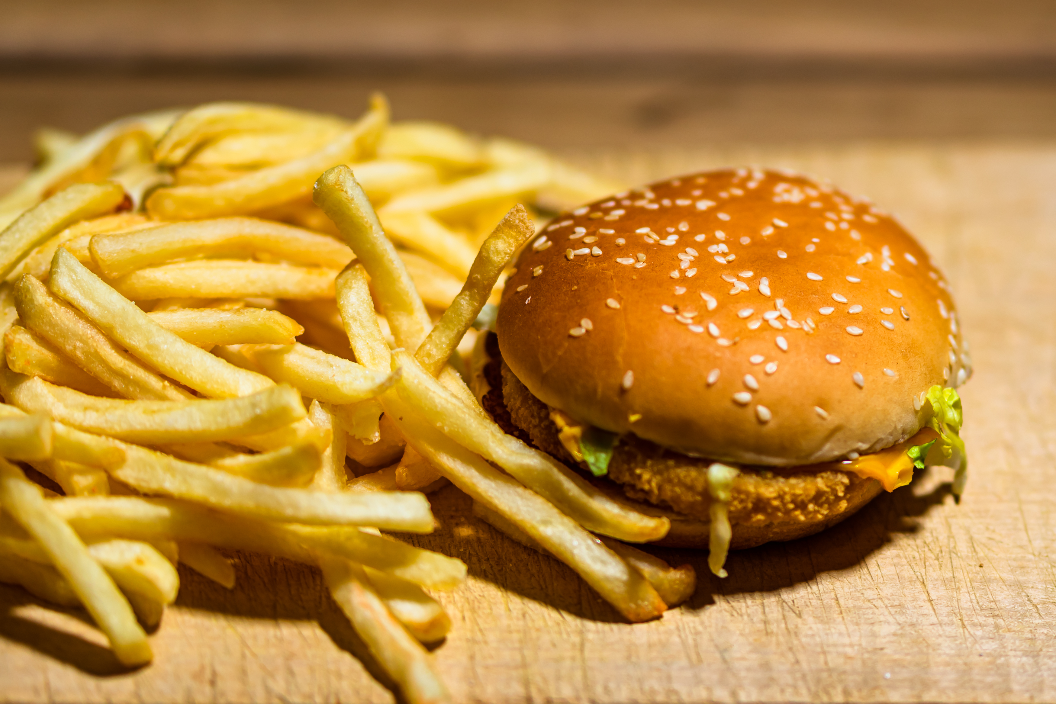 French fries and a fast-food fried chicken sandwich.