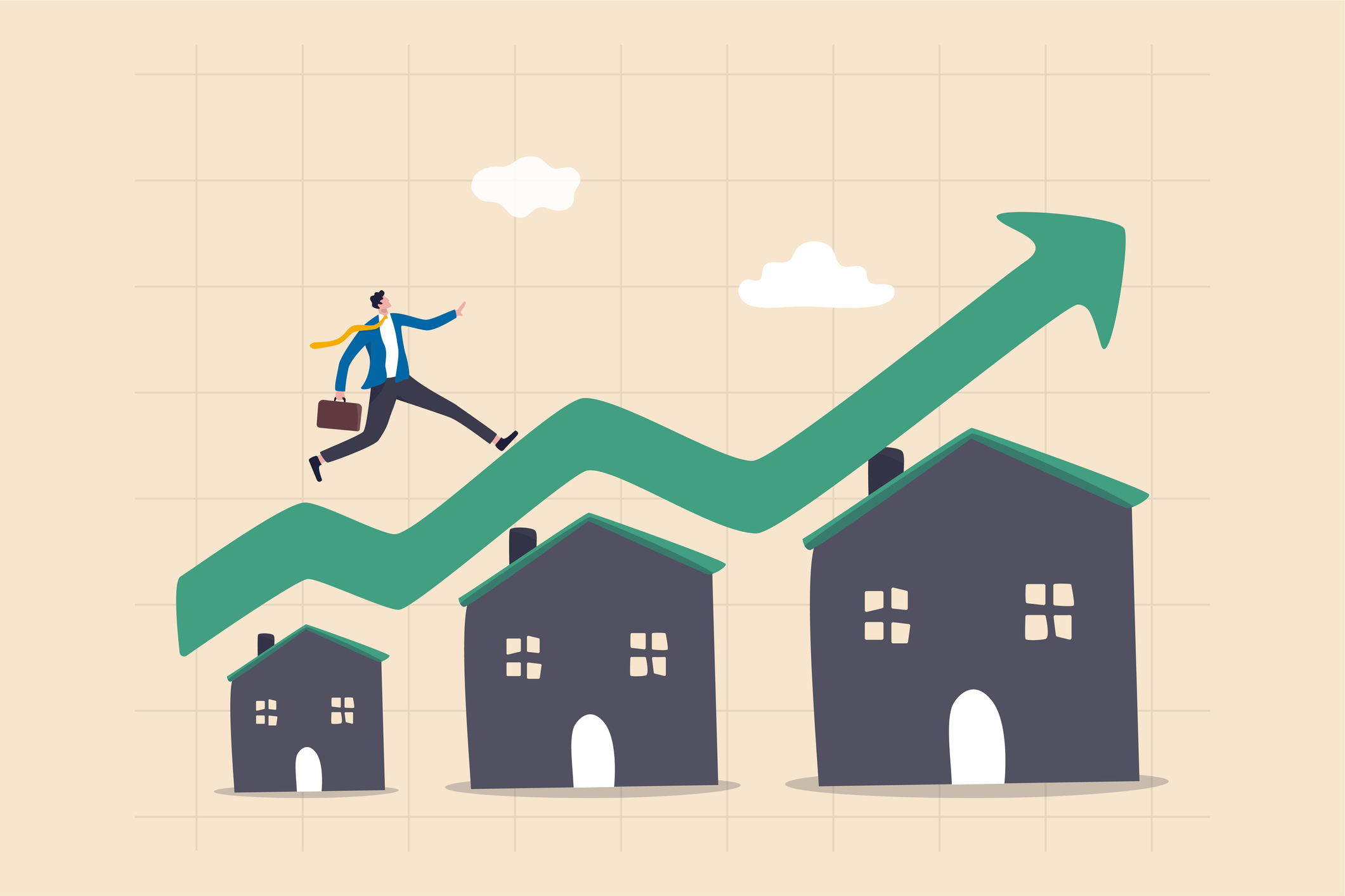 Green line with arrow moving upward over three houses.