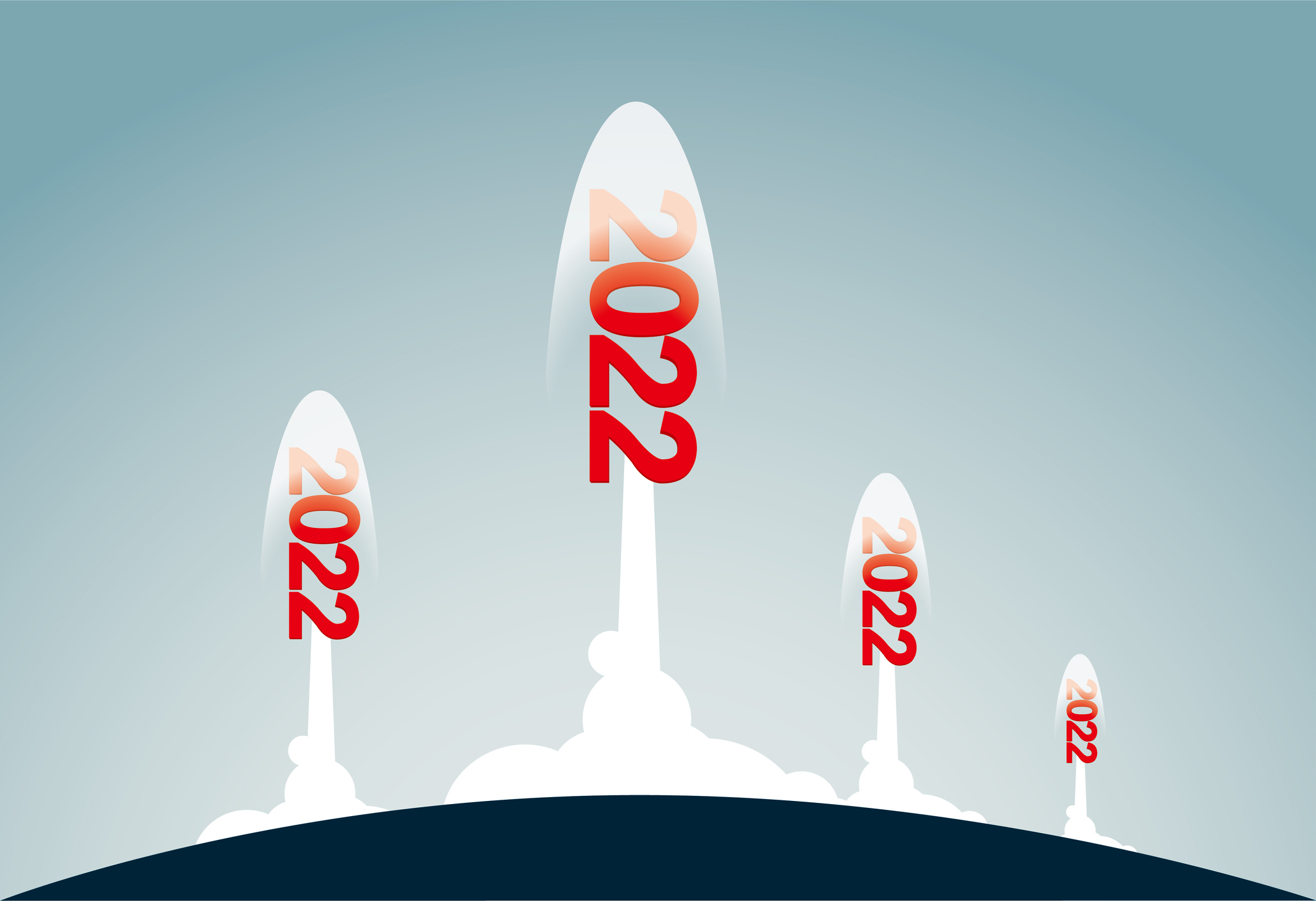 Four rockets labeled 2022 launching.