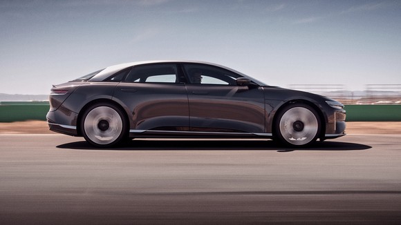 side view of Lucid Air Grand Touring electric sedan. 