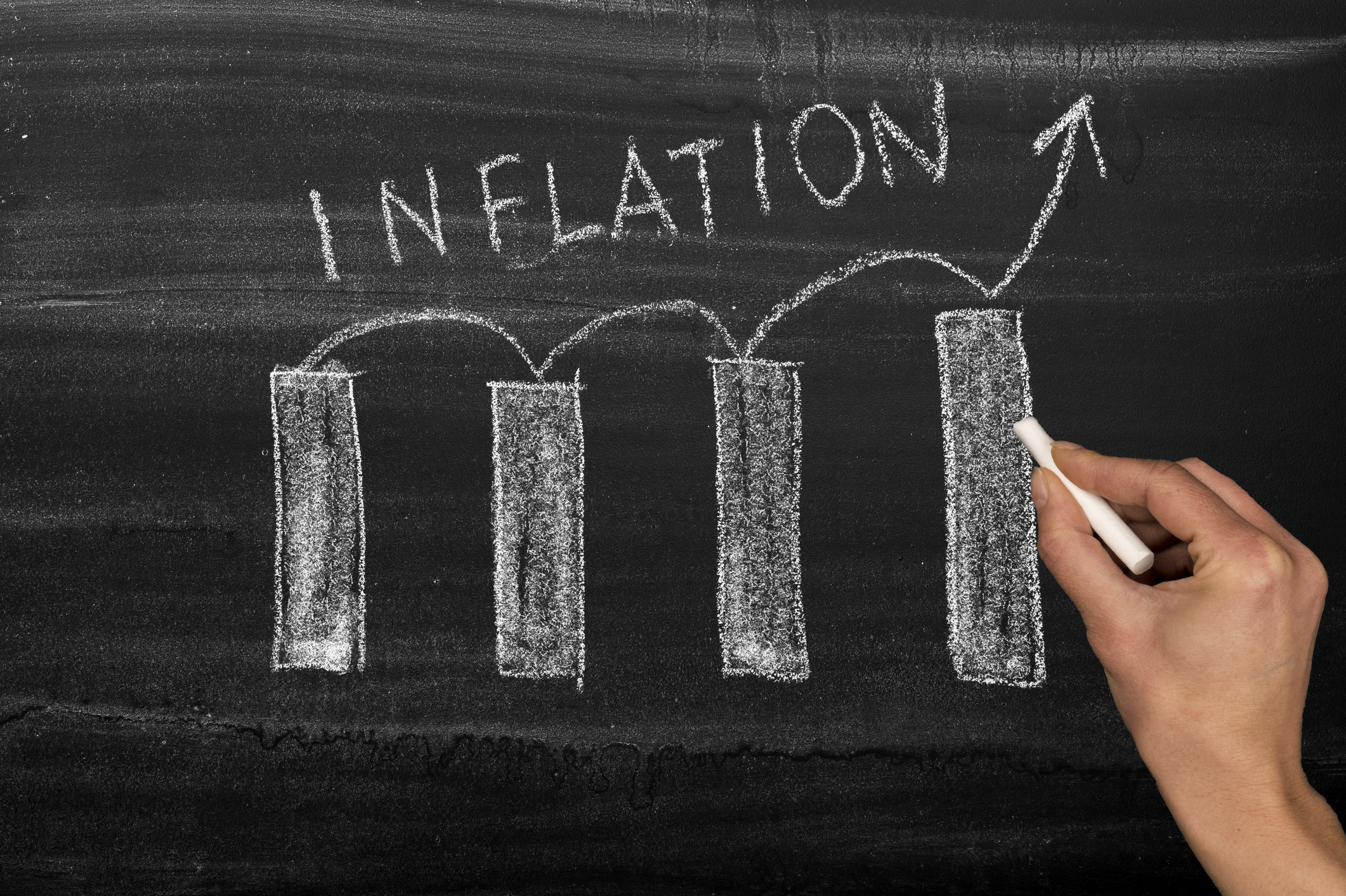 A hand writing inflation on a chalk board with an arrow over steadily rising bars.