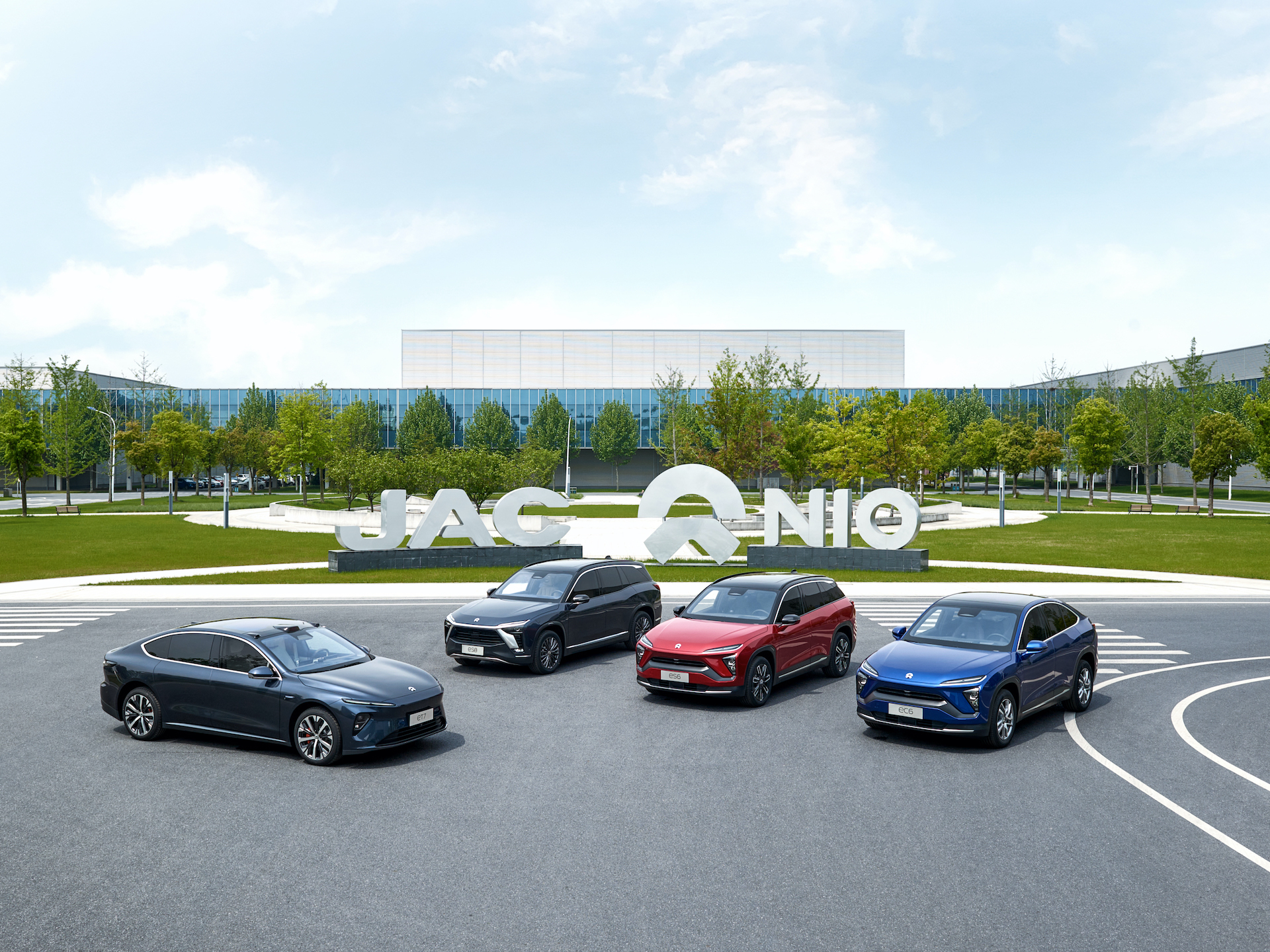 Nio EVs parked in front of its Hefei manufacturing facility.