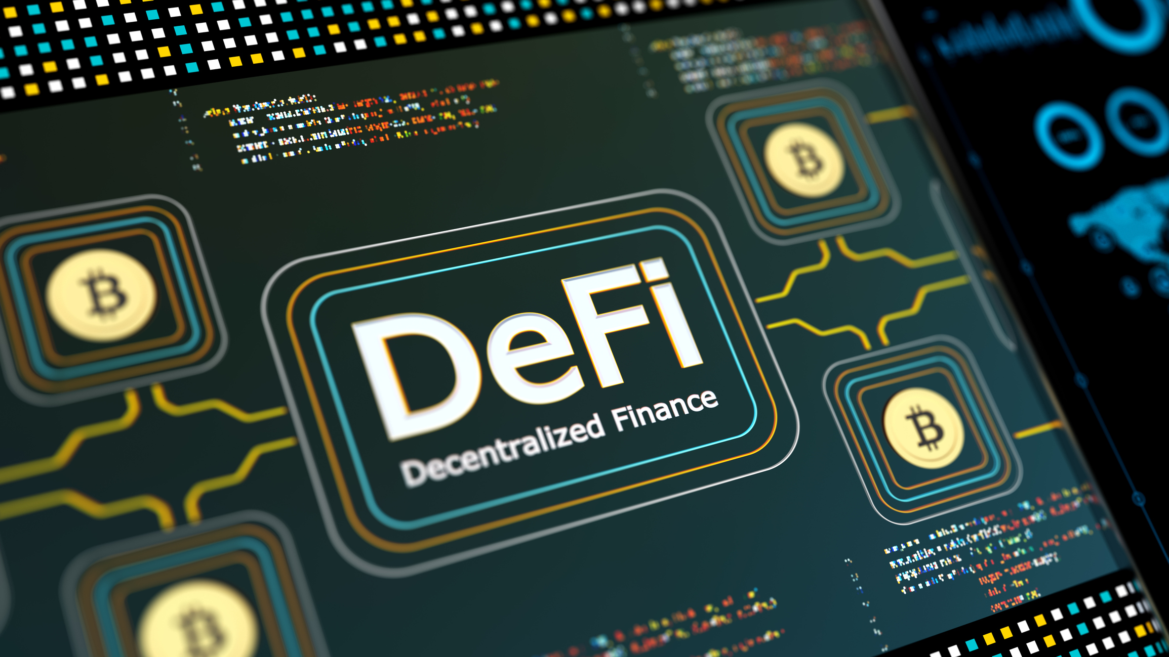 A microchip with the word DeFi (decentralized finance) in the middle surrounded by smaller microchips with the Bitcoin symbol on them.