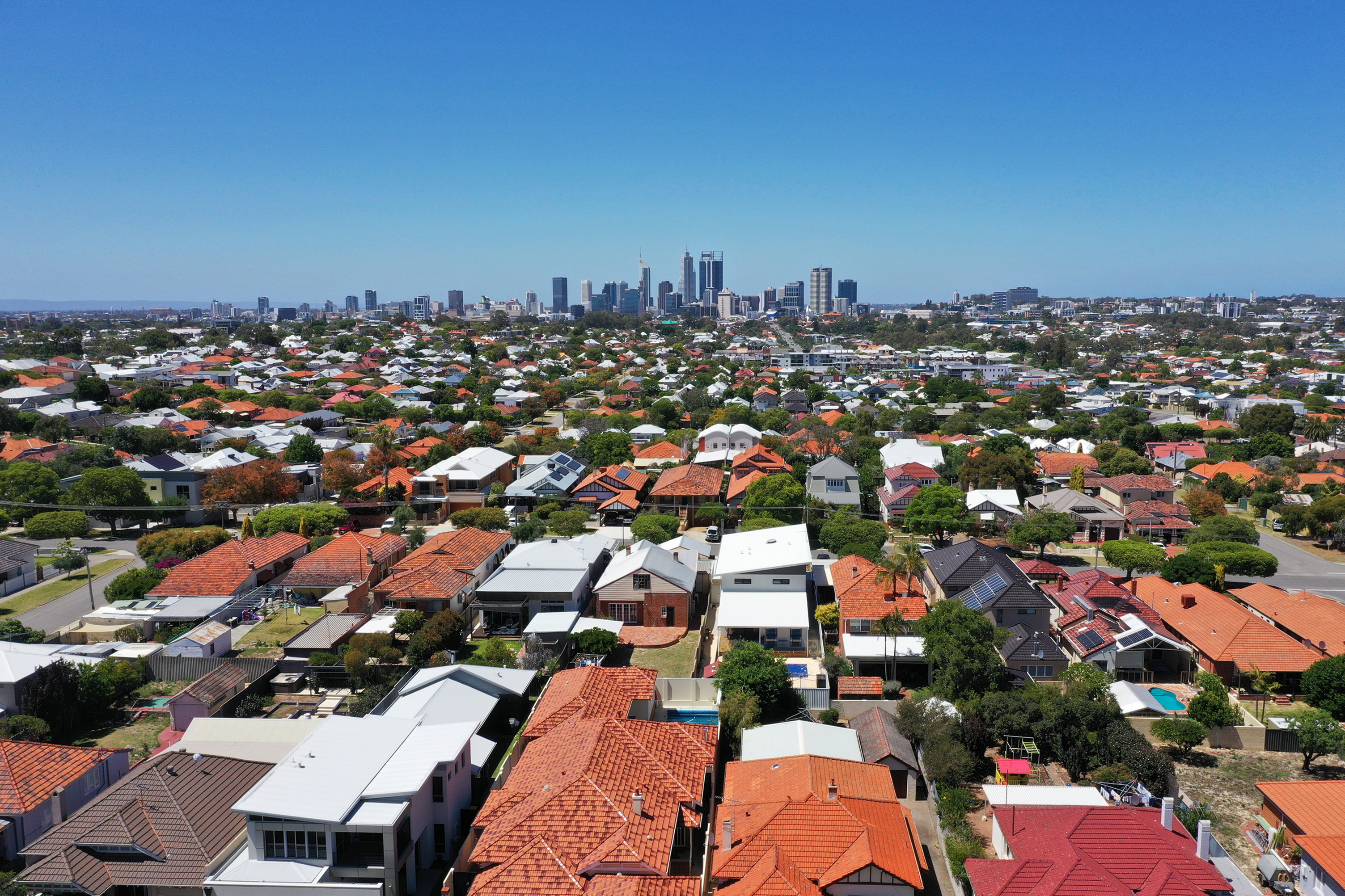 Aerial view of city and residential neighborhood.