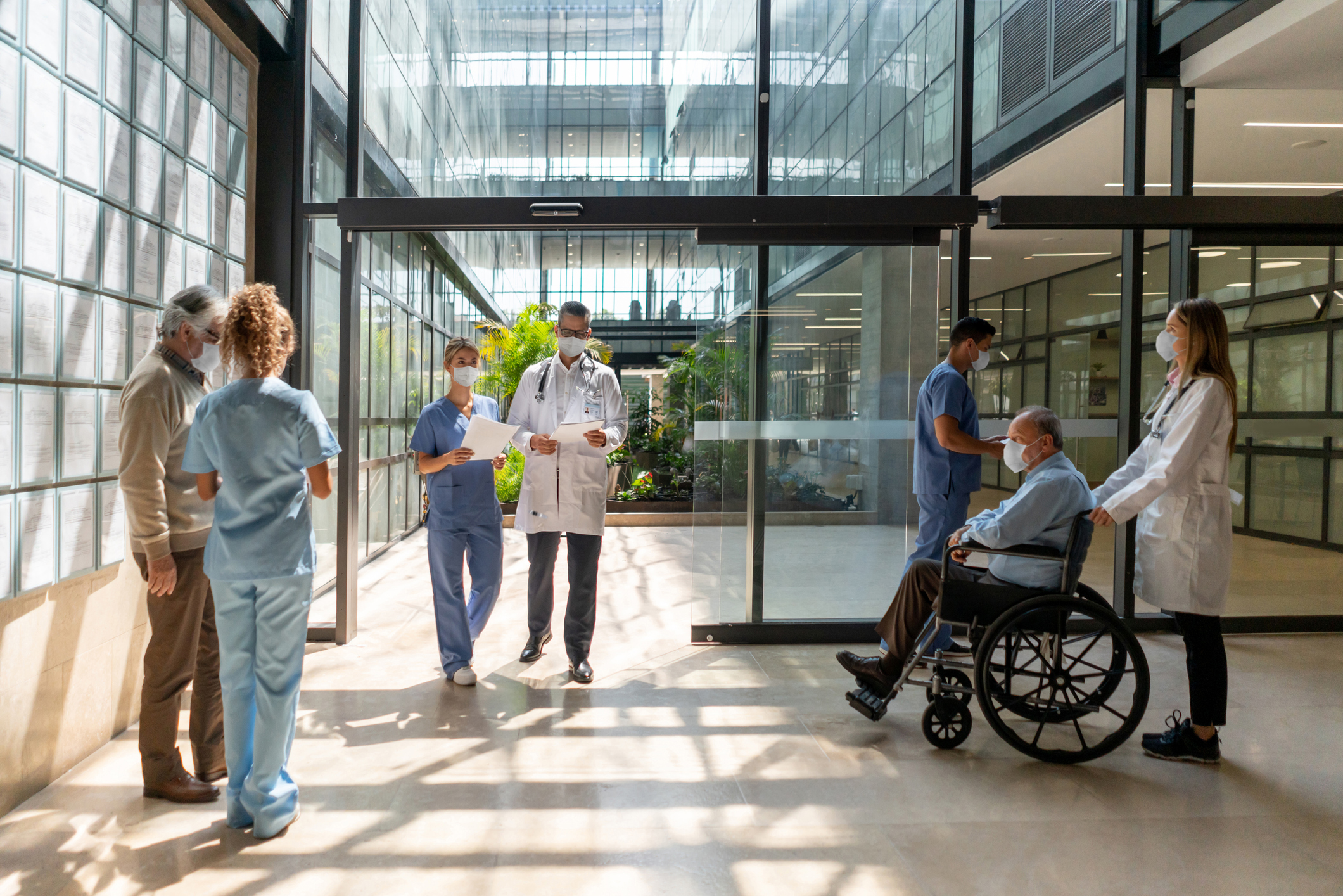 People near a healtchare facility.