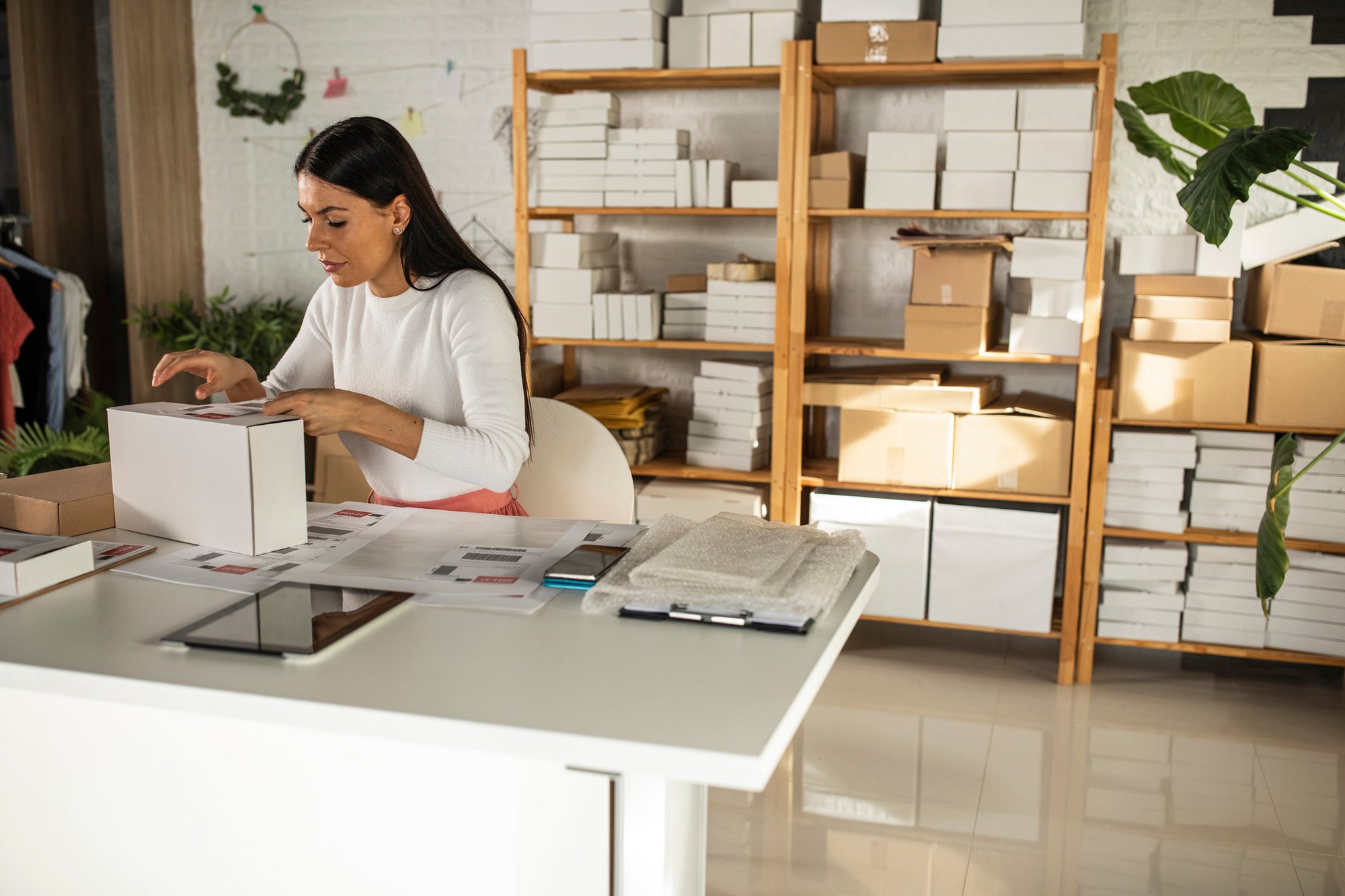 A person sits at a table and prepares a package for shipment.