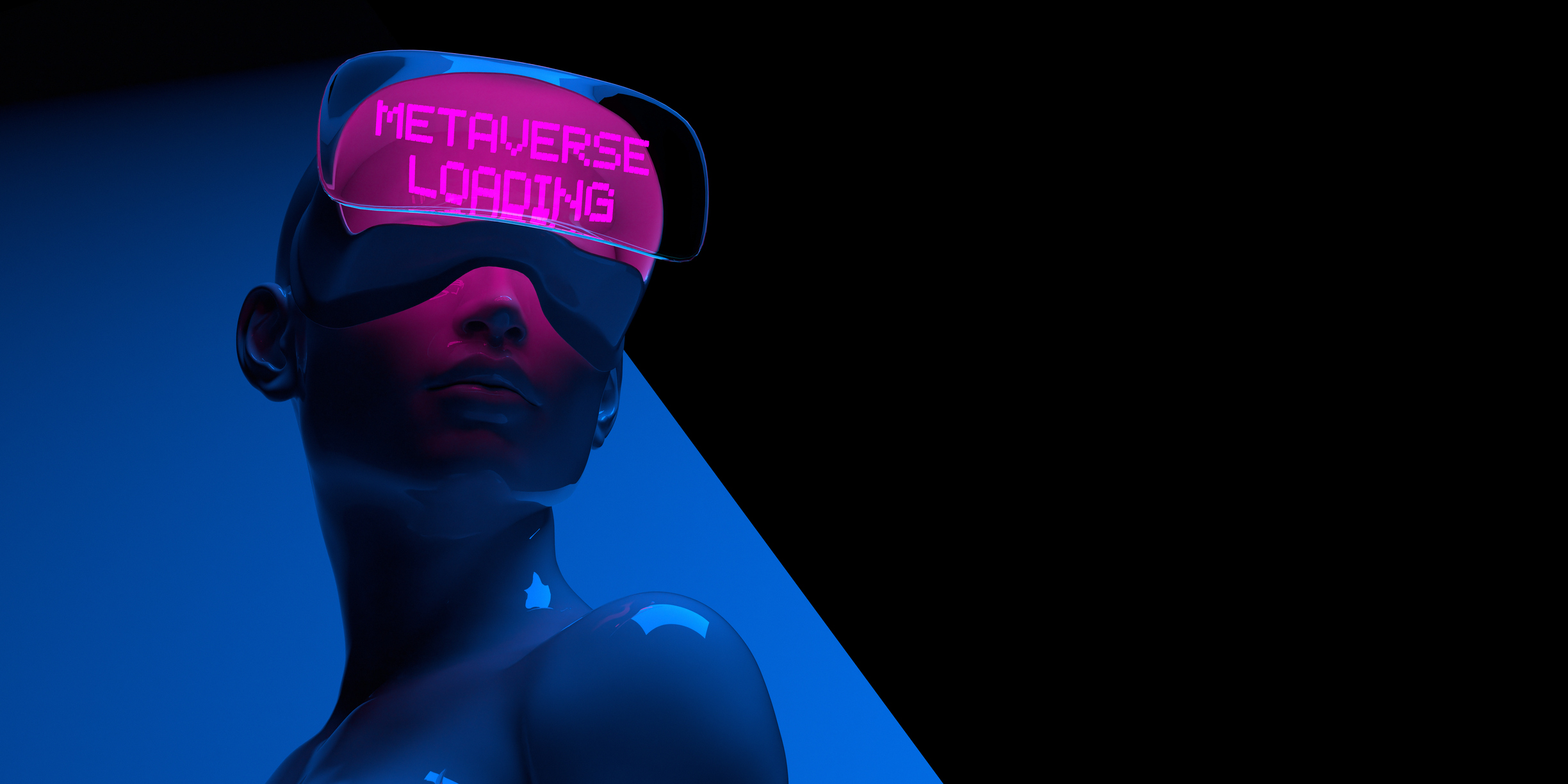 Person wearing a virtual reality headset with blue and pink background.