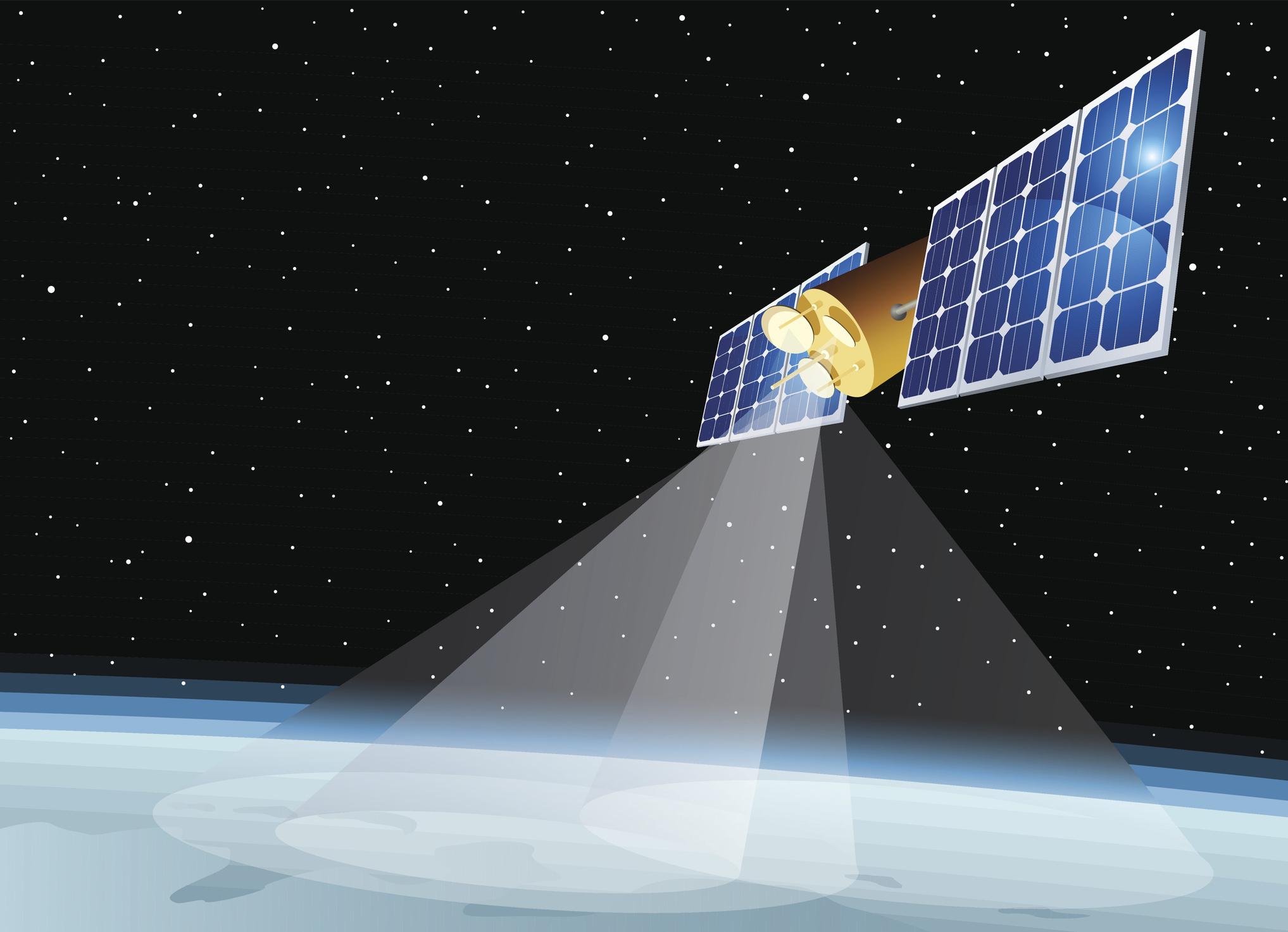 Satellite with large solar panels beaming transmissions to Earth.