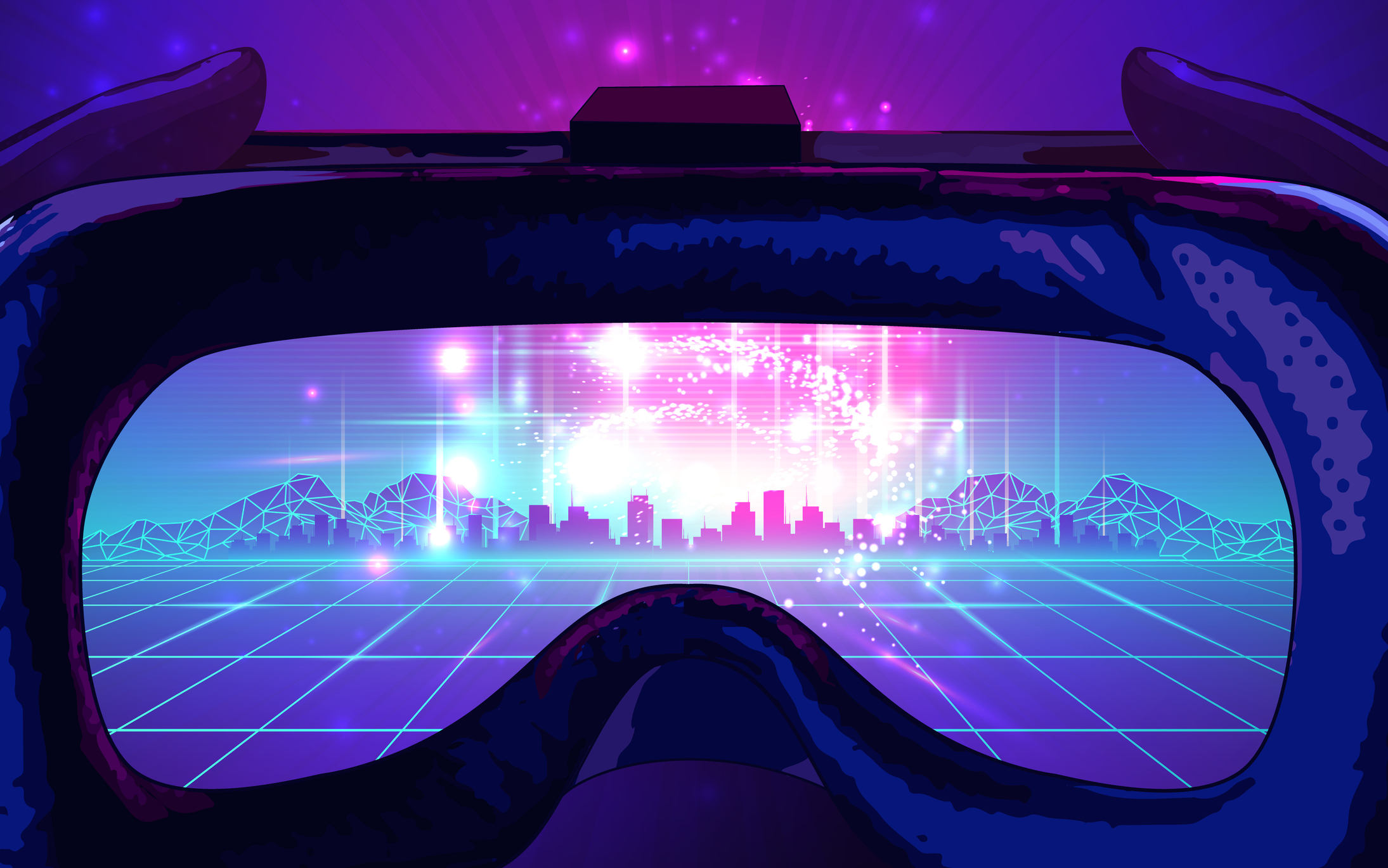 A view of a digital cityscape seen through a virtual reality headset.