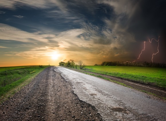 Sun in one area and thunder in the other.