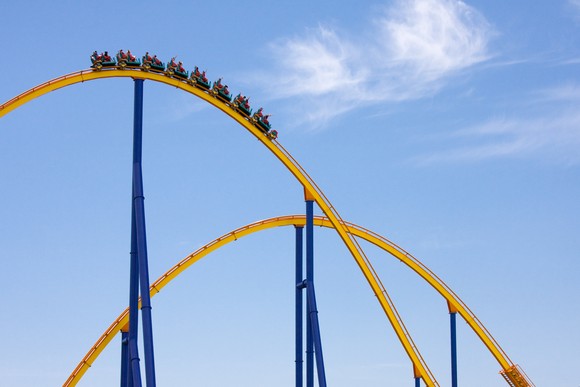 Passengers aboard a yellow roller coaster with a bright blue sky in the background.